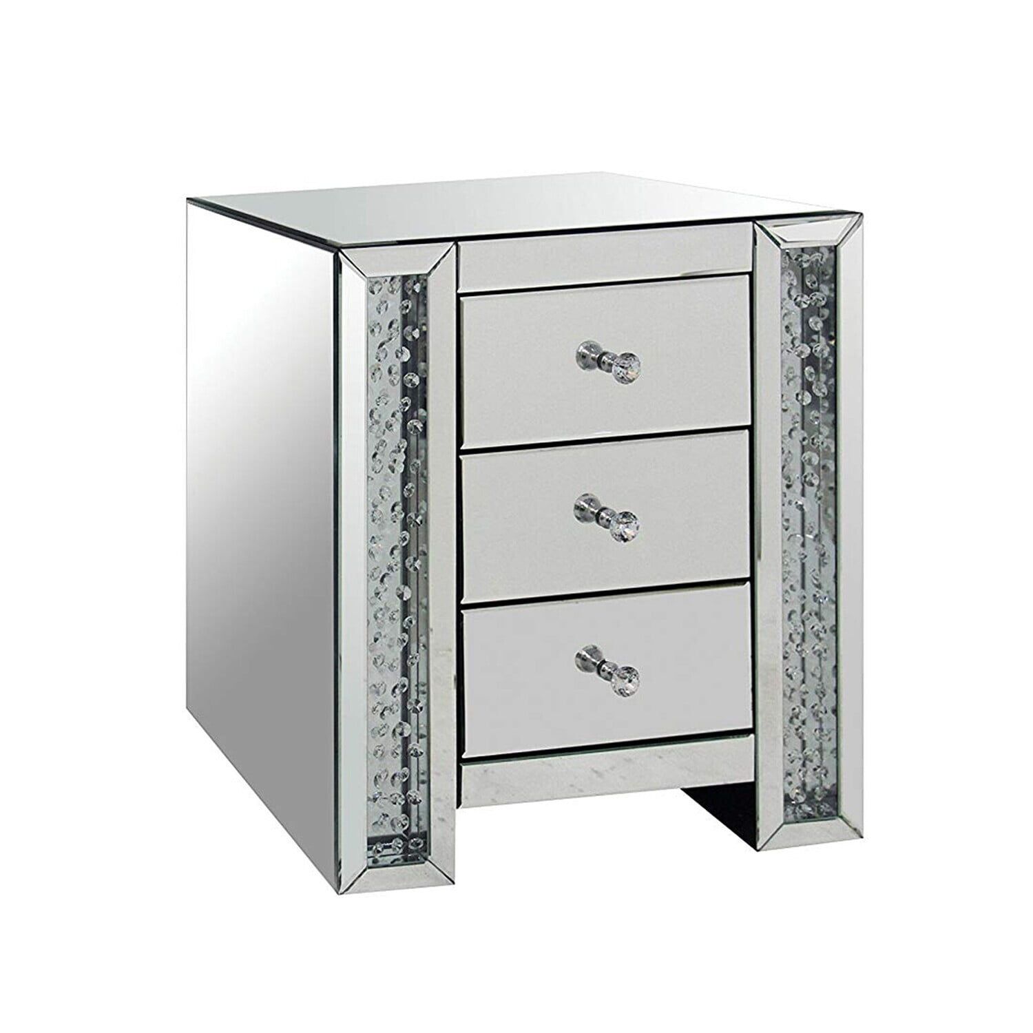 Elegant Beveled Mirrored Nightstand with Crystal Knobs and Storage