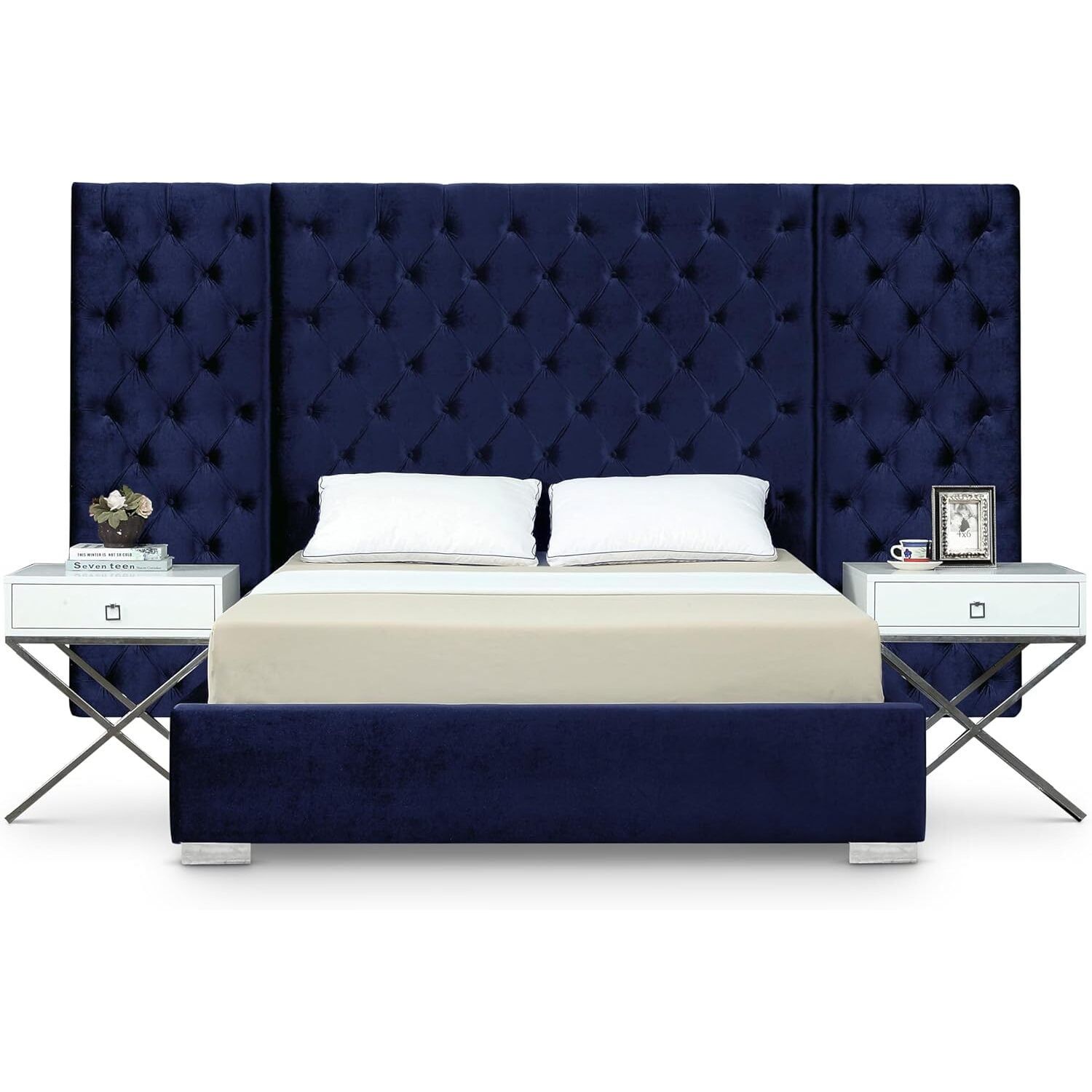 Grande Navy Velvet Queen Bed with Tufted Headboard and Chrome Legs