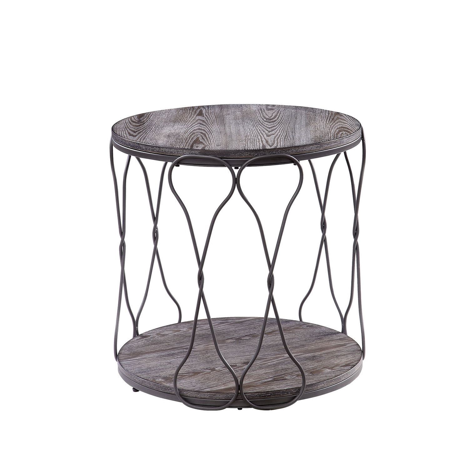 Twisted Chain Link 24" Round Metal & Wood End Table, Gray and Brown