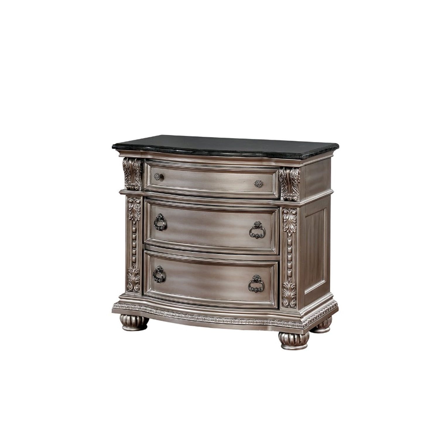 Silver Solid Wood Nightstand with Marble Top and Three Drawers