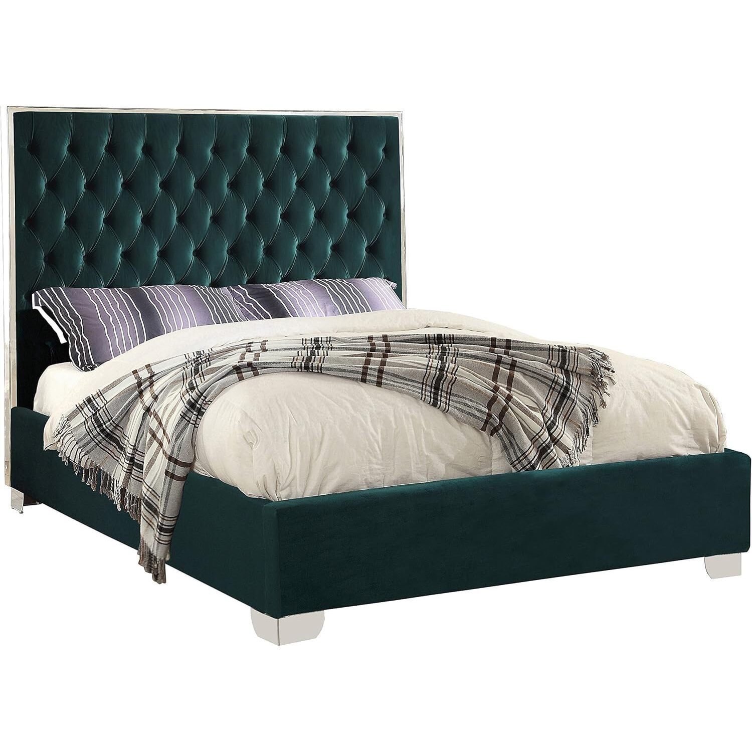 Luxurious Green Velvet Queen Bed with Tufted Headboard