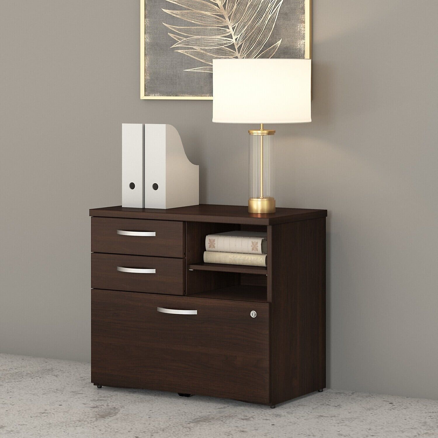 Studio C Black Walnut Lateral Office Storage Cabinet with Lockable Drawers