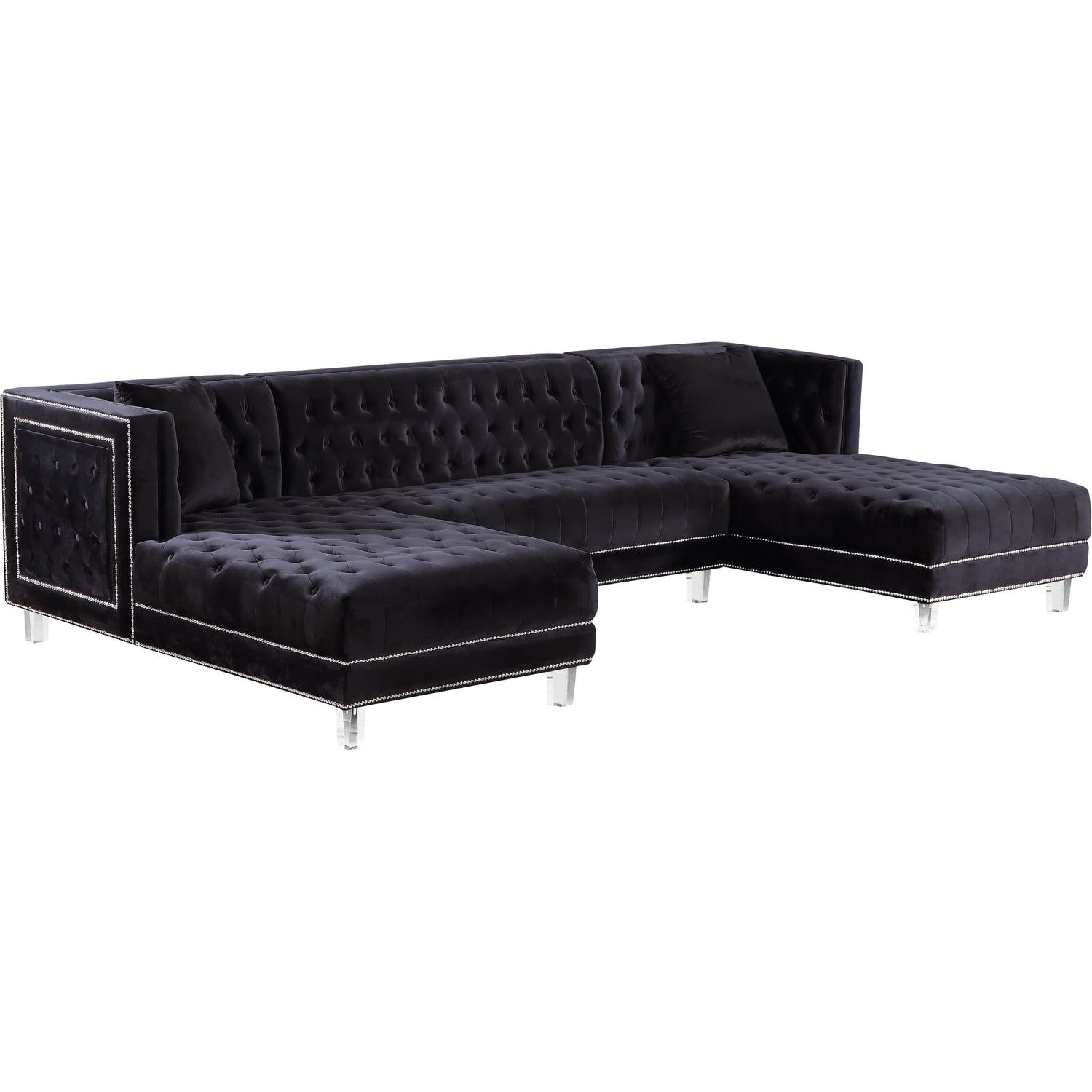 Luxurious Black Velvet Tufted 3-Piece Sectional with Nailhead Accents