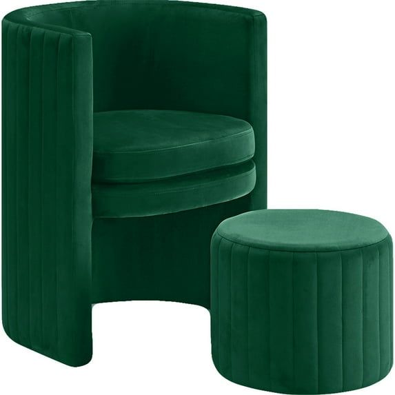 Selena Barrel Green Velvet Accent Chair with Ottoman