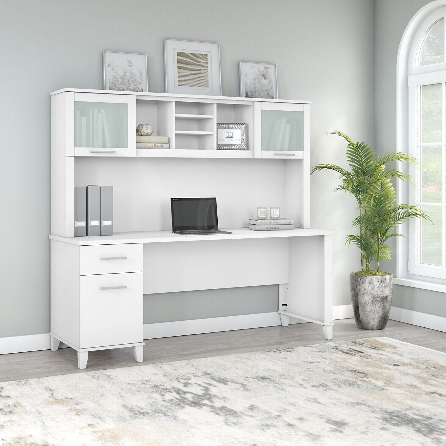 Somerset Transitional White 72" Office Desk with Hutch and Drawers