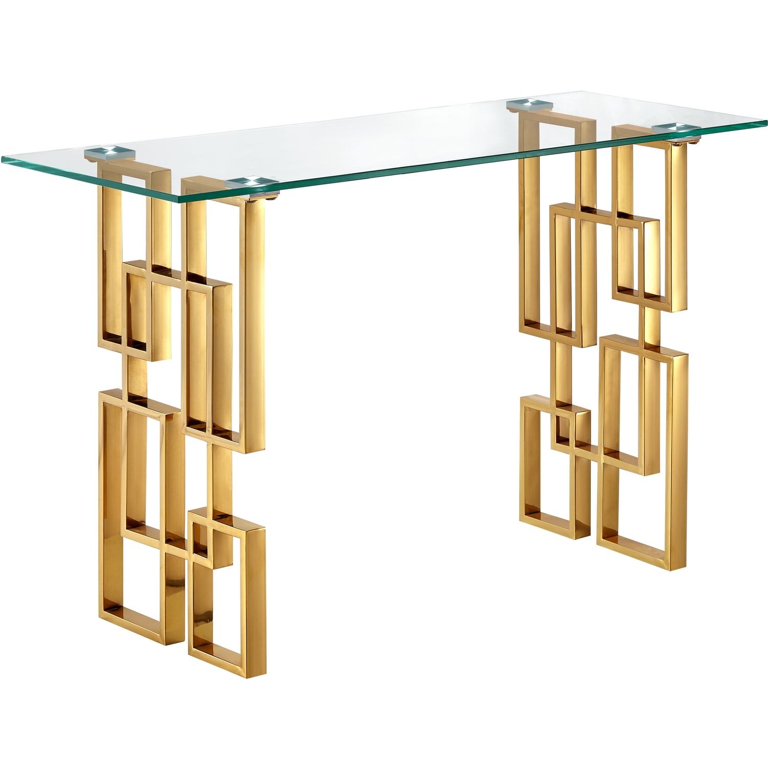 Gold Geometric Stainless Steel and Glass Console Table