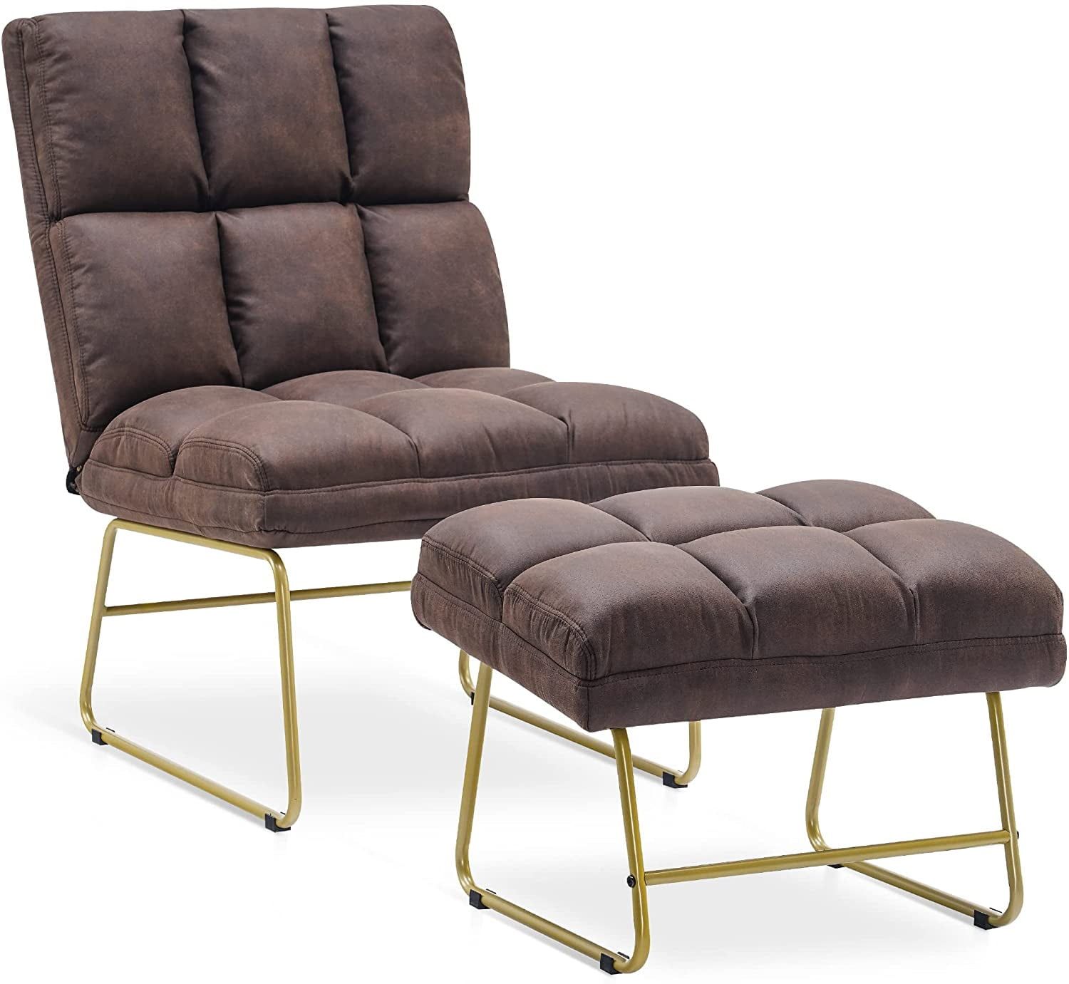 Elegant Brown Accent Chair with Golden Metal Legs and Ottoman