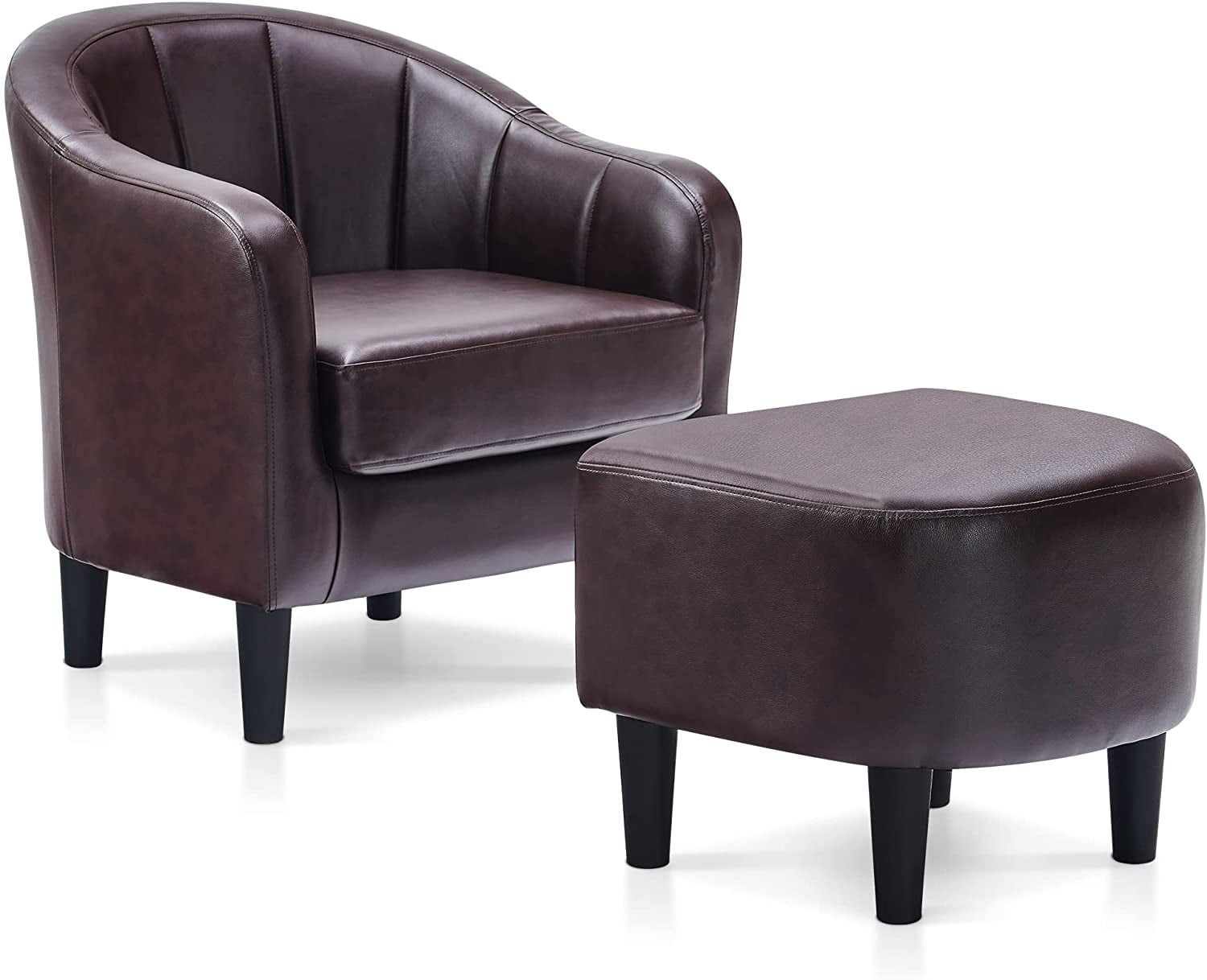 Modern Faux Leather Barrel Accent Chair with Ottoman, Brown