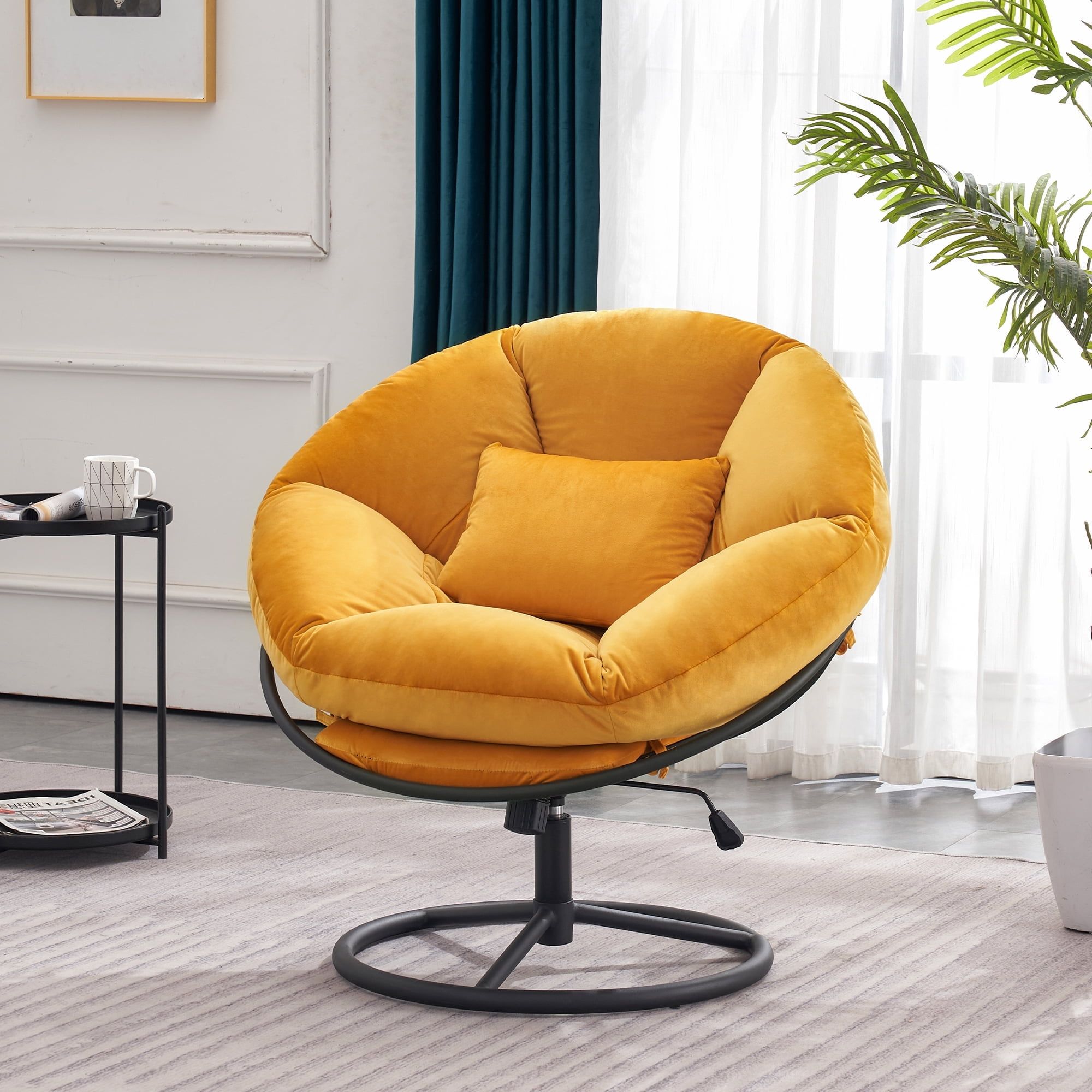 Lemon Yellow Velvet Swivel Papasan Chair with Steel Base