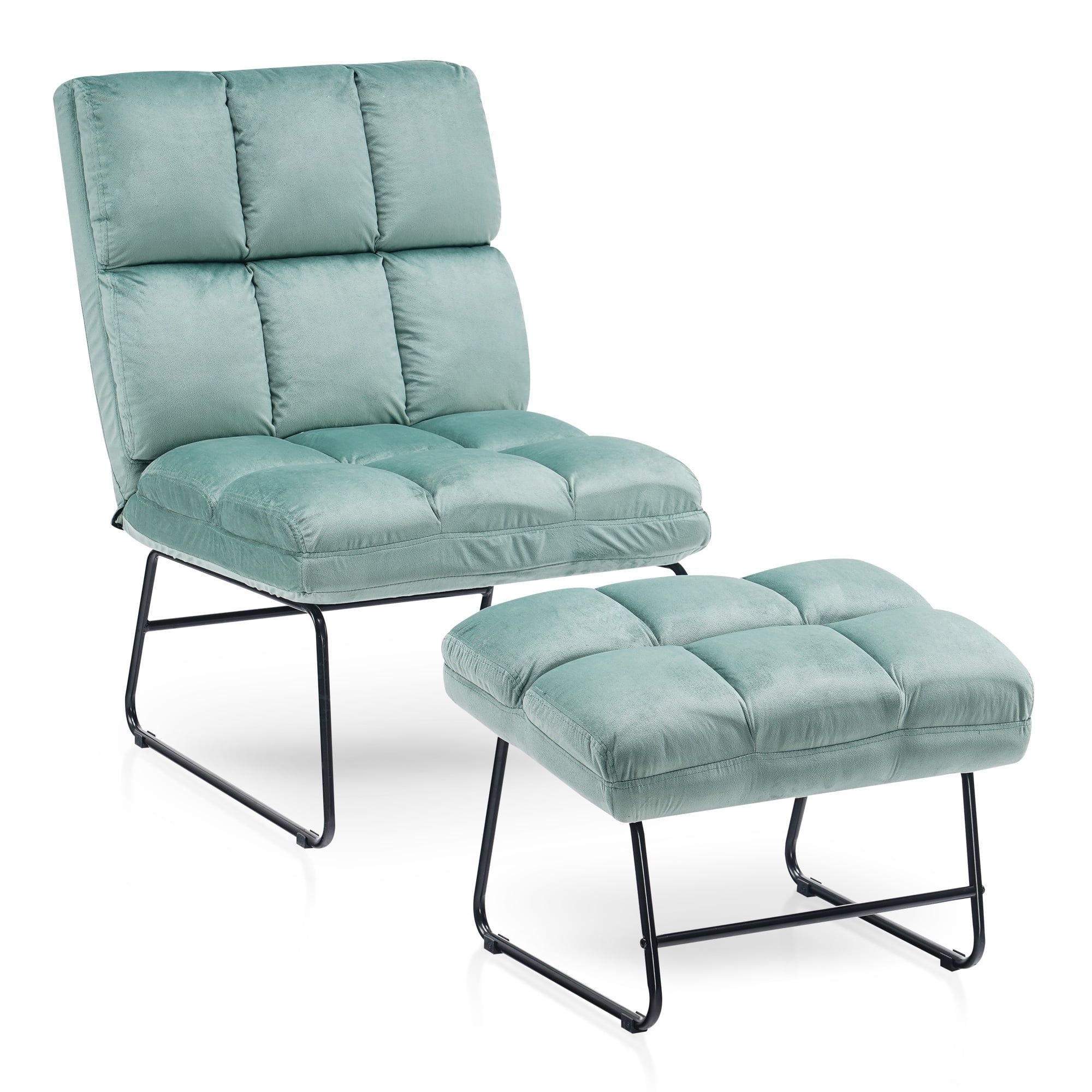 Luxe Light Green Velvet Accent Chair with Metal Ottoman Set