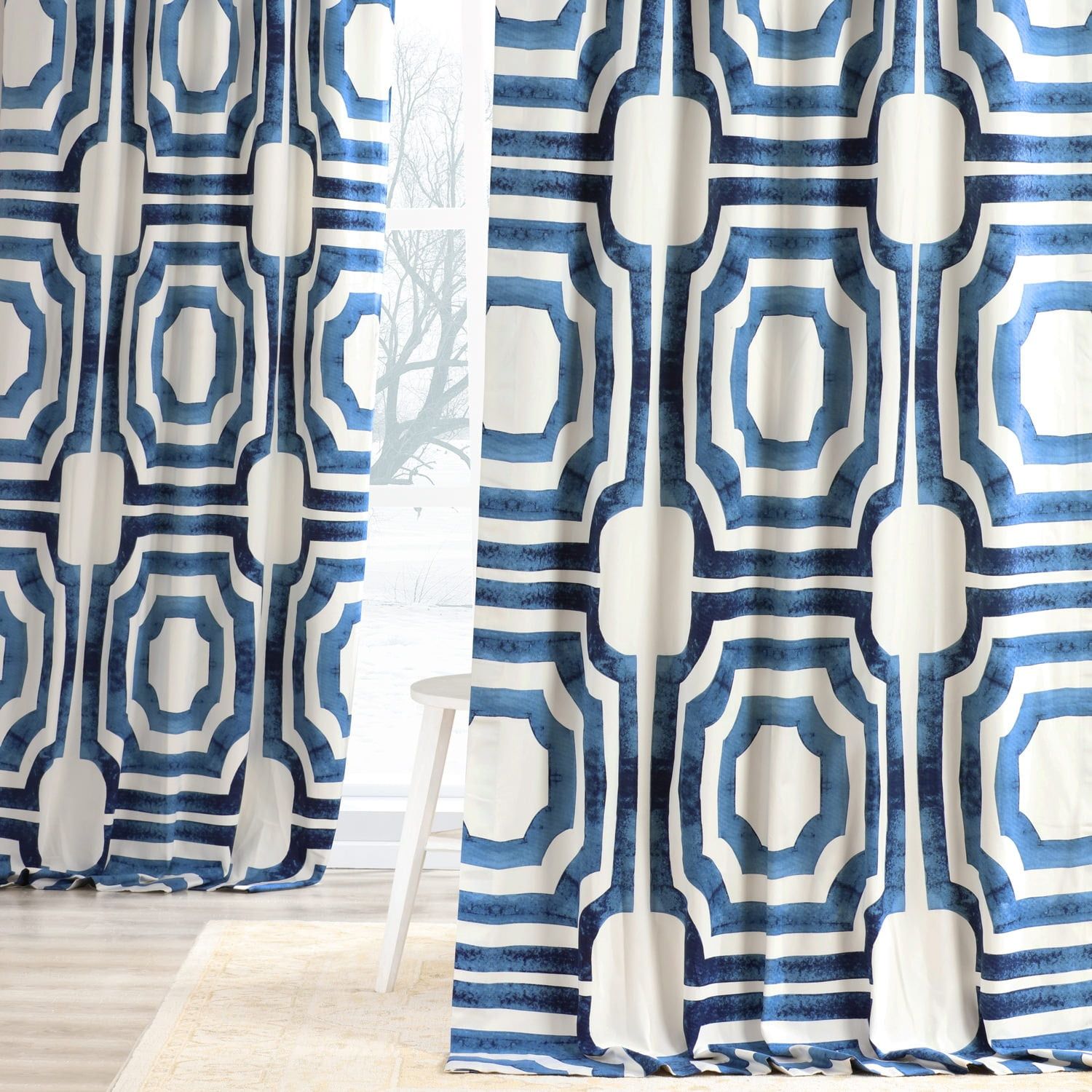 Mecca Blue Geometric Cotton Room Darkening Curtain Panel