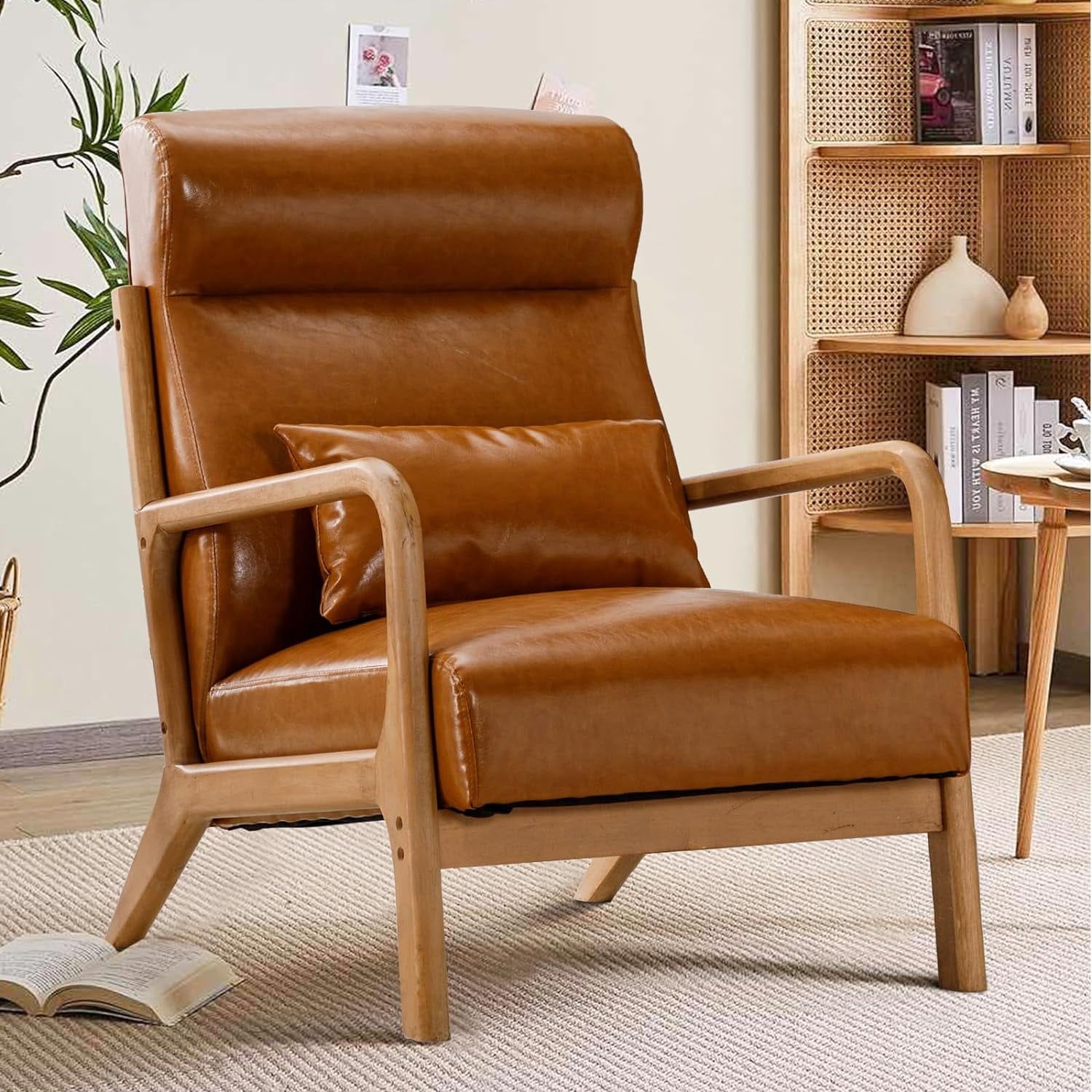 Camel Faux Leather Barrel Accent Chair with Wood Frame