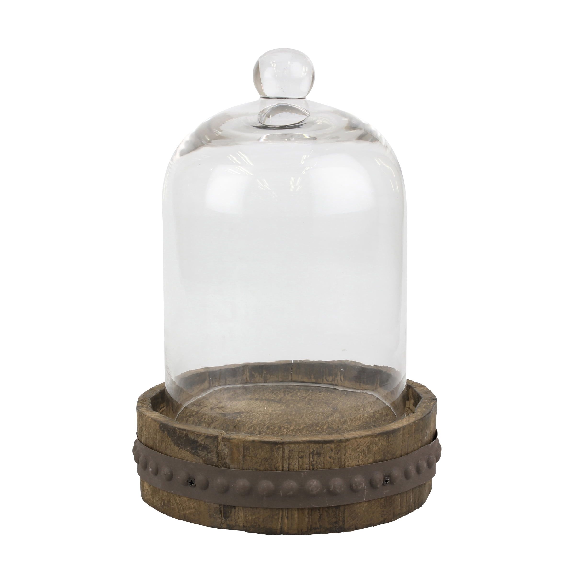 Medium Rustic Wood and Clear Glass Bell Dome Cloche