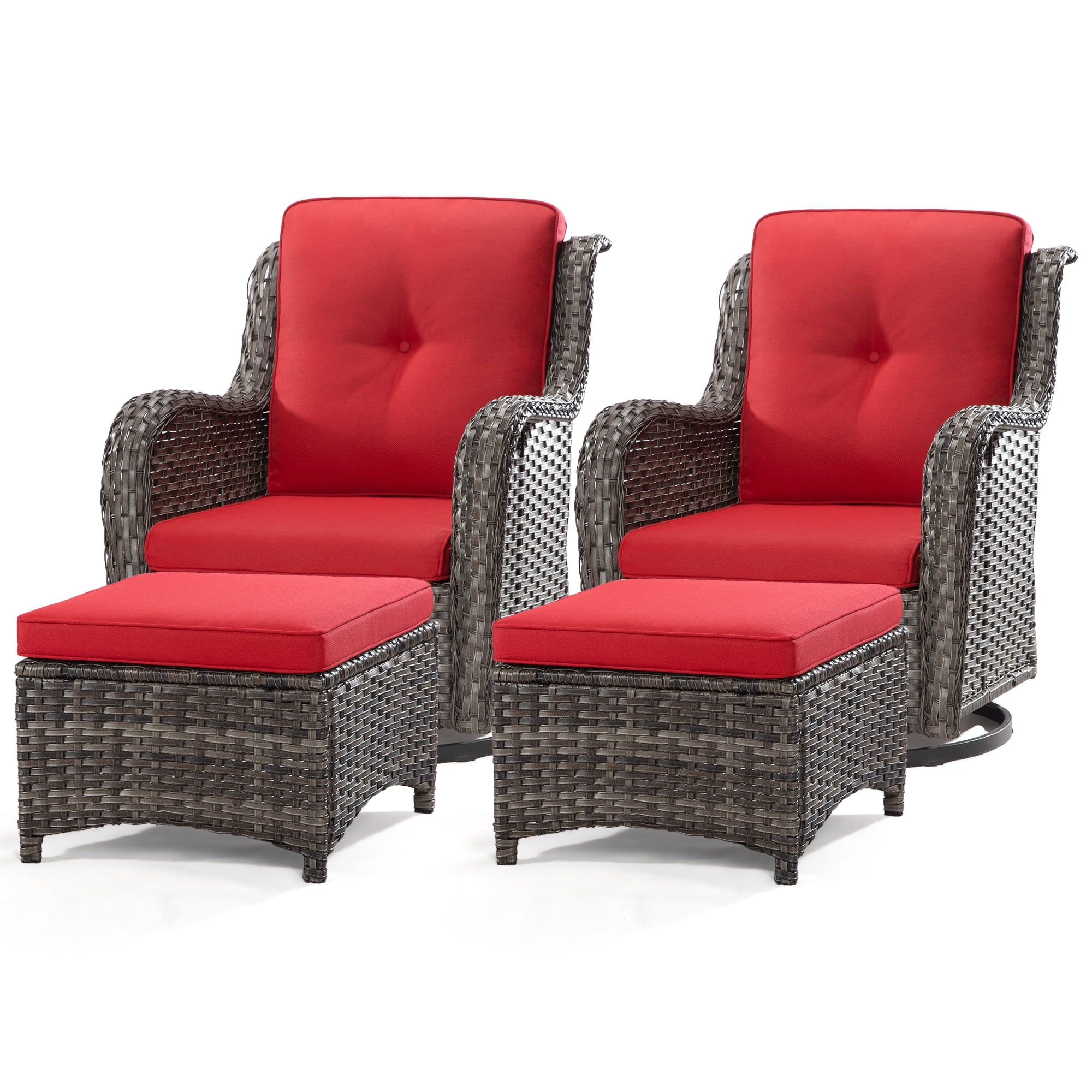 4-Piece Red Cushioned Wicker Patio Swivel Rocking Chair Set