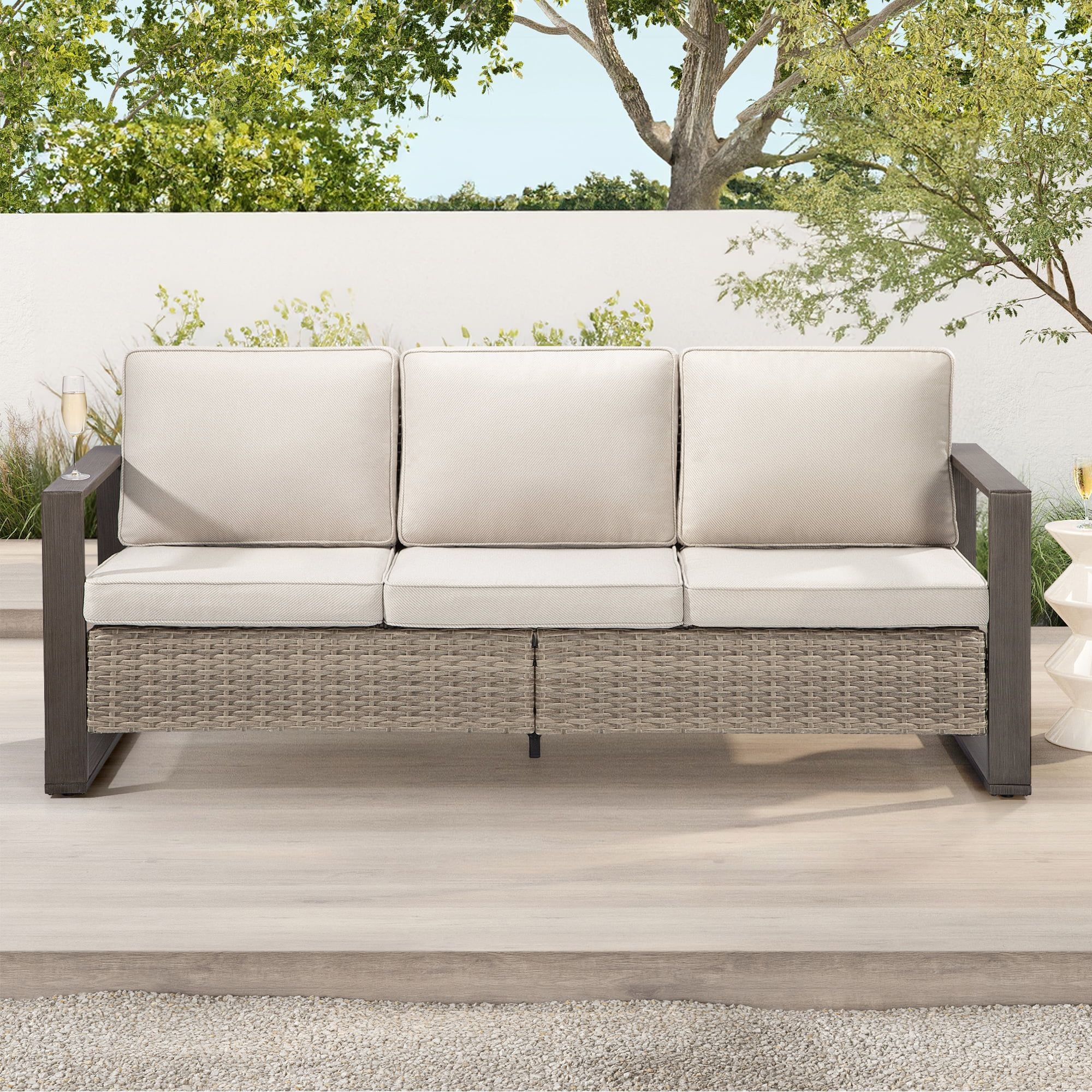 Beige 3-Seat Patio Wicker Sofa with Removable Cushions