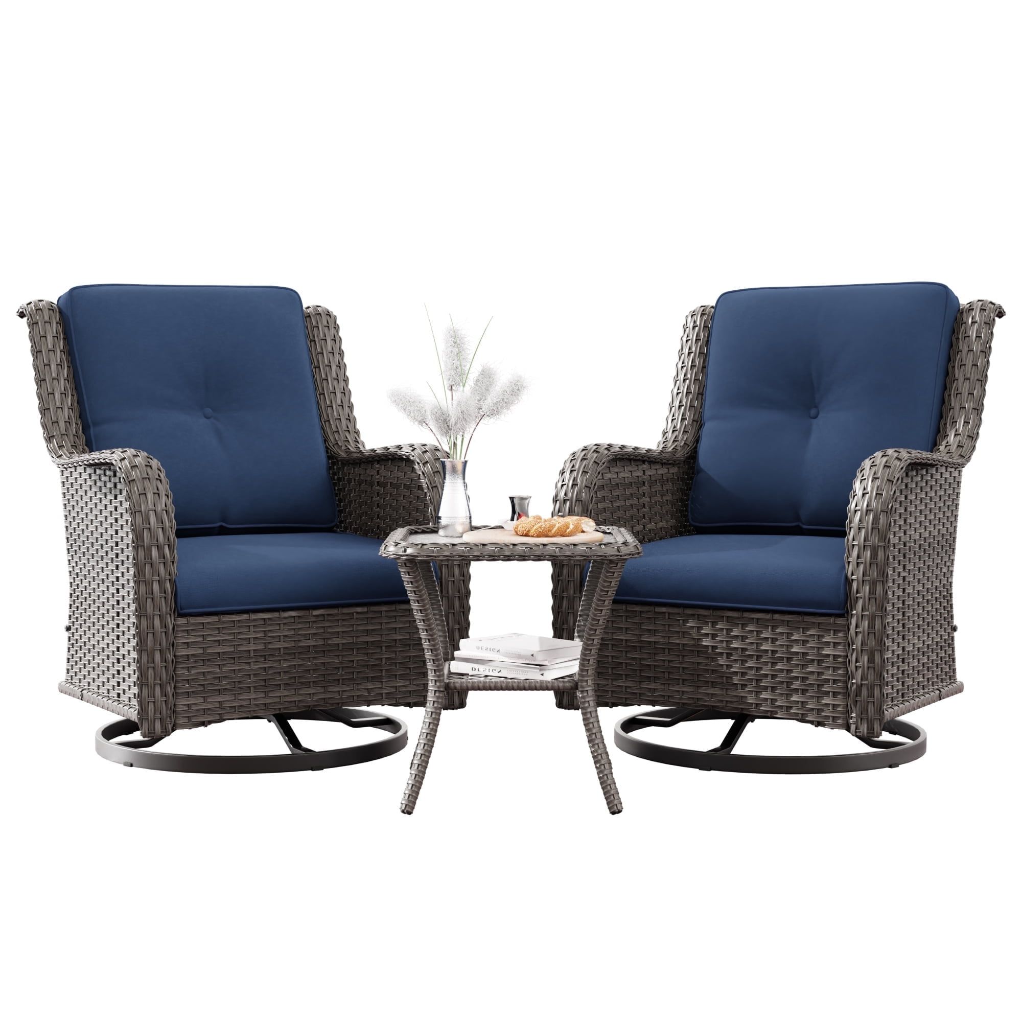 Blue Wicker Outdoor Swivel Rocking Patio Chair Set with Table