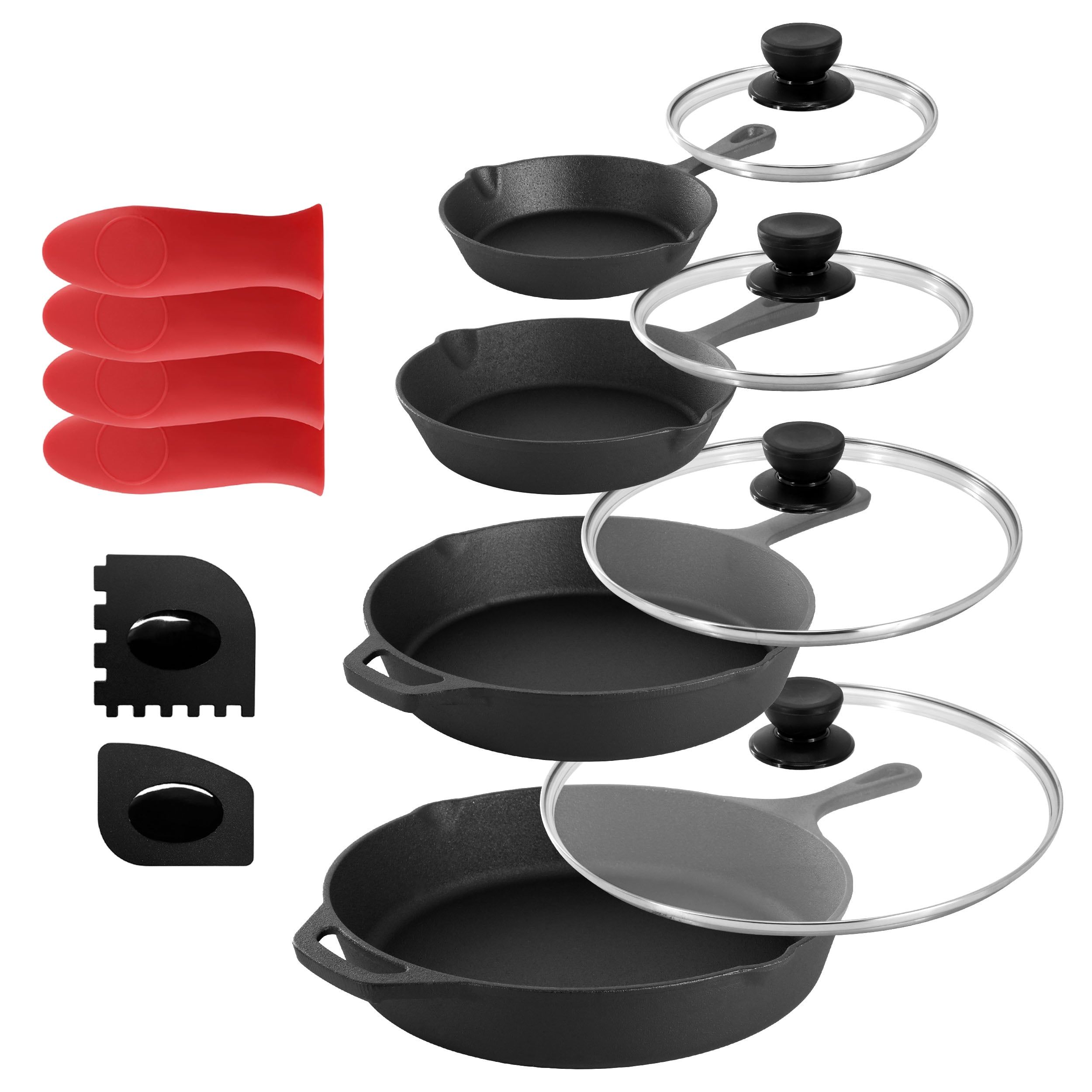 MegaChef 14 Piece Non-Stick Cast Iron Skillet Set with Tempered Glass Lids