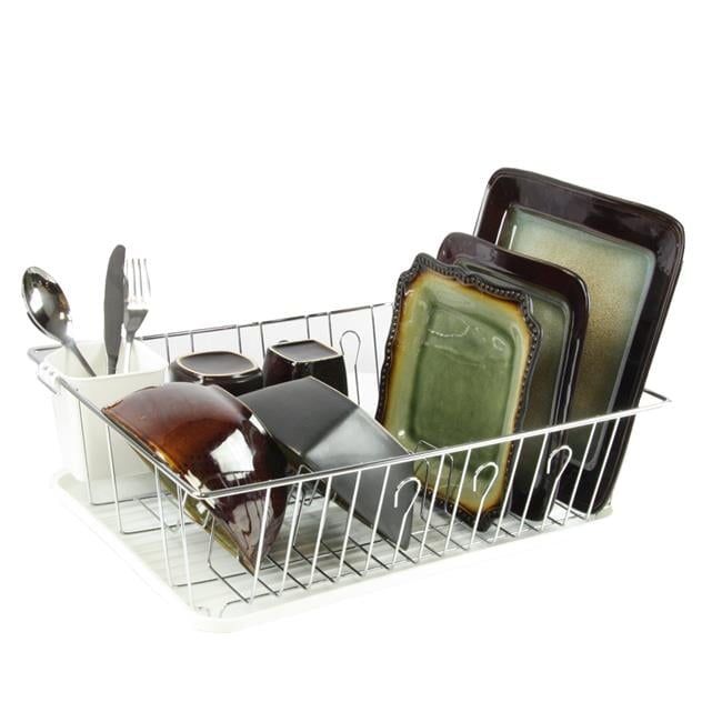 White Metal Single Level Dish Rack with Utensil Cup