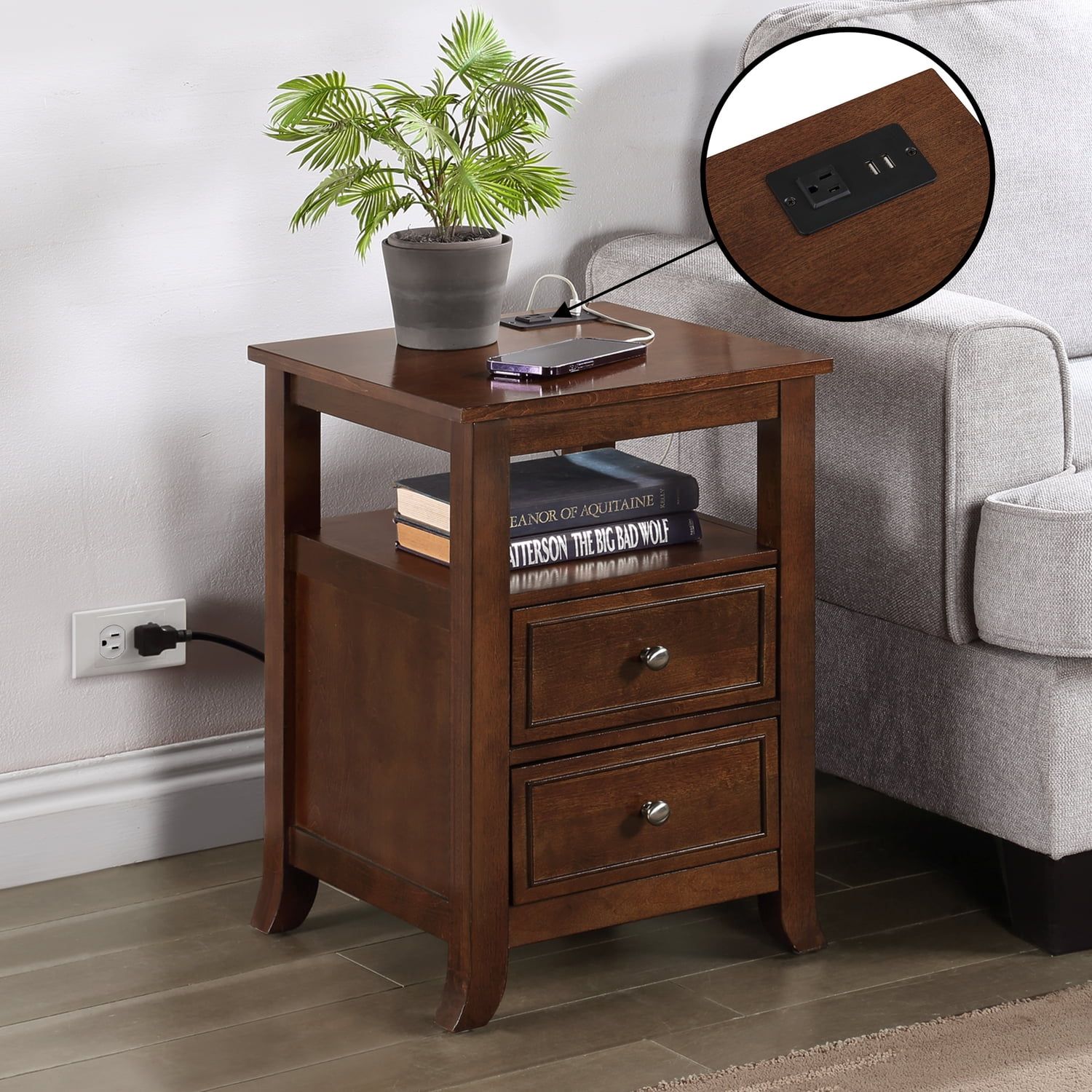 Espresso Wood End Table with Charging Station and Storage