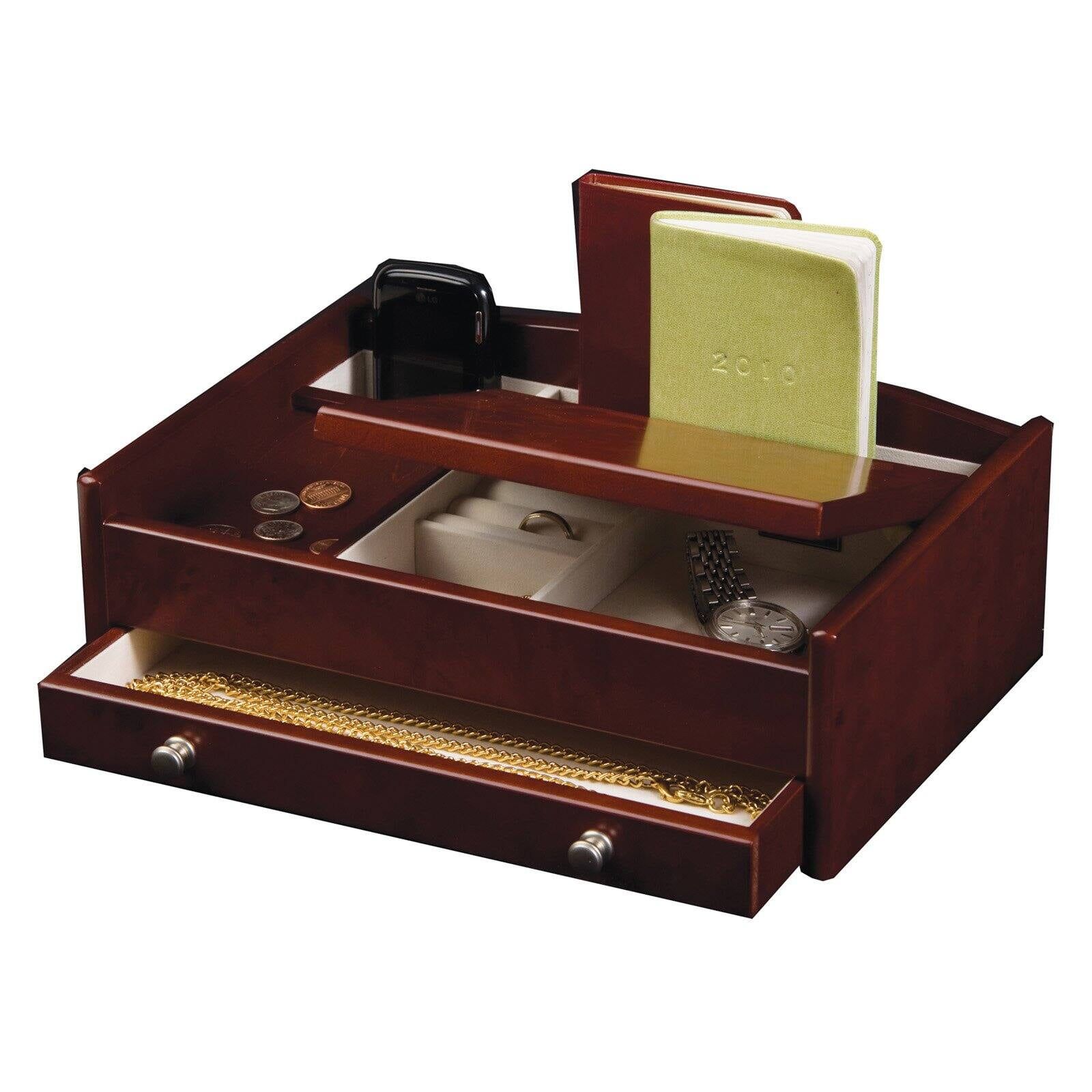 Dark Burlwood Walnut Men's Dresser Valet with Silver Hardware