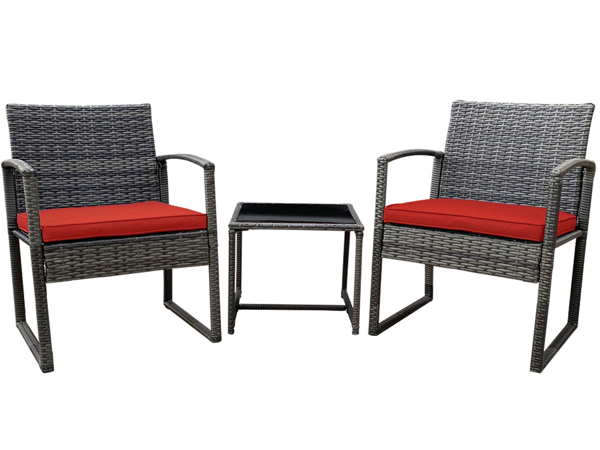 Red 3-Piece Steel and Rattan Outdoor Furniture Set with Black Glass Table