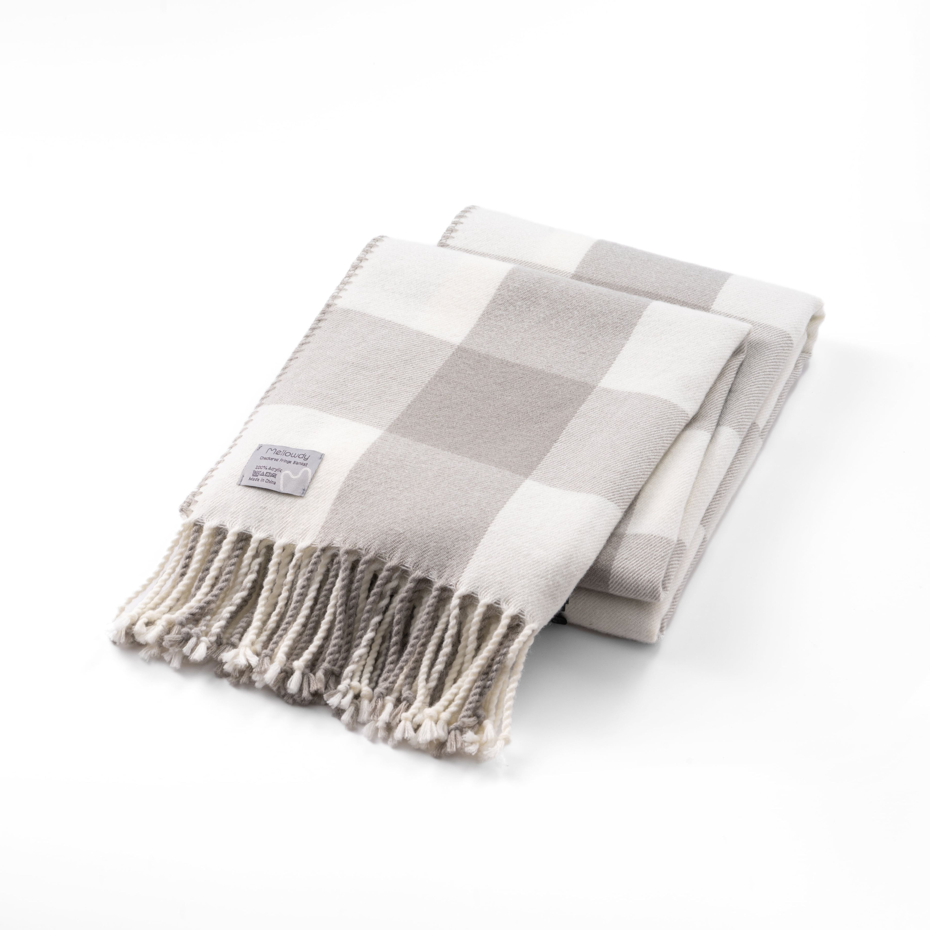 Light Grey Wool Checkered Throw Blanket with Fringes, 50x60