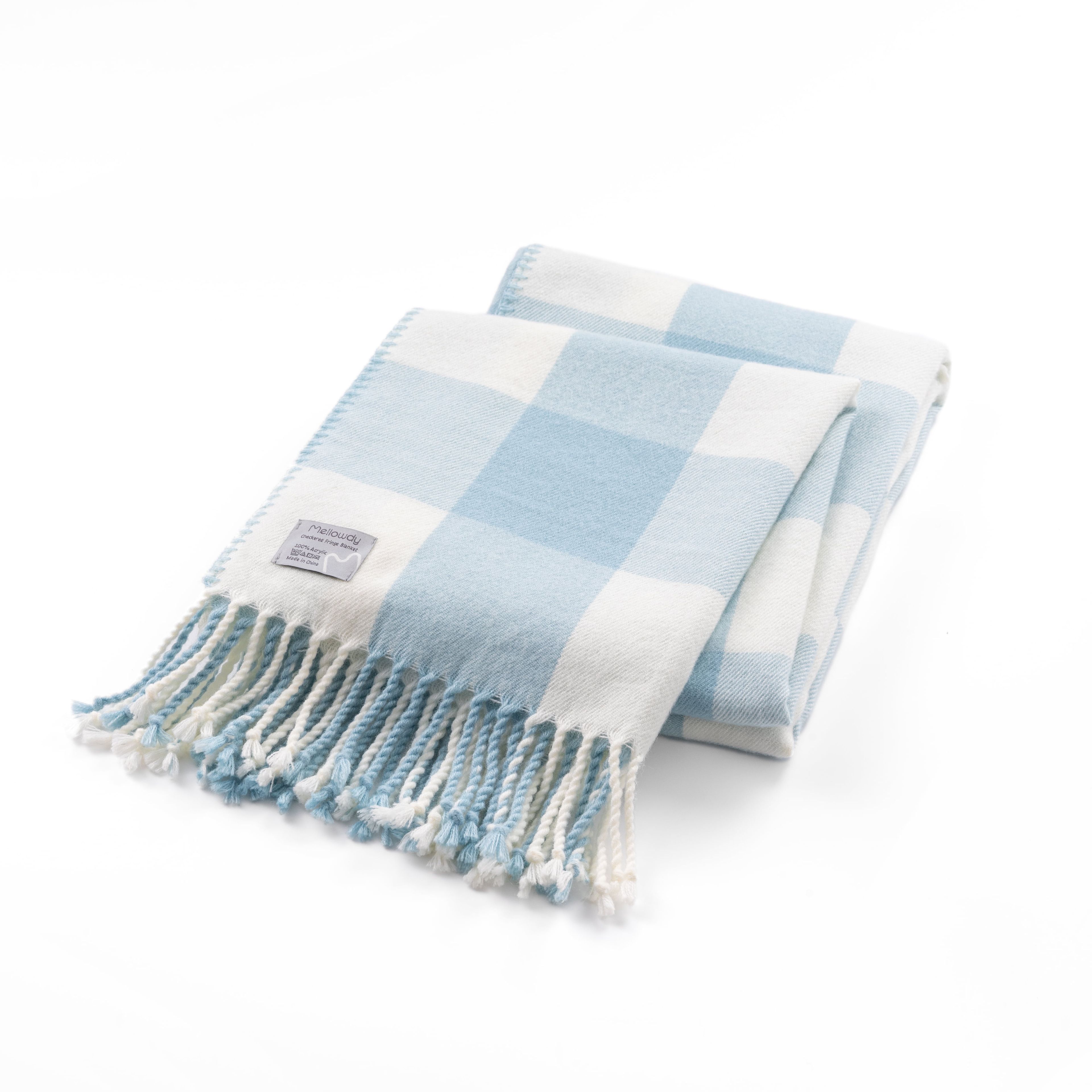 Winter Blue Wool Checkered Throw Blanket with Fringes, 50x60