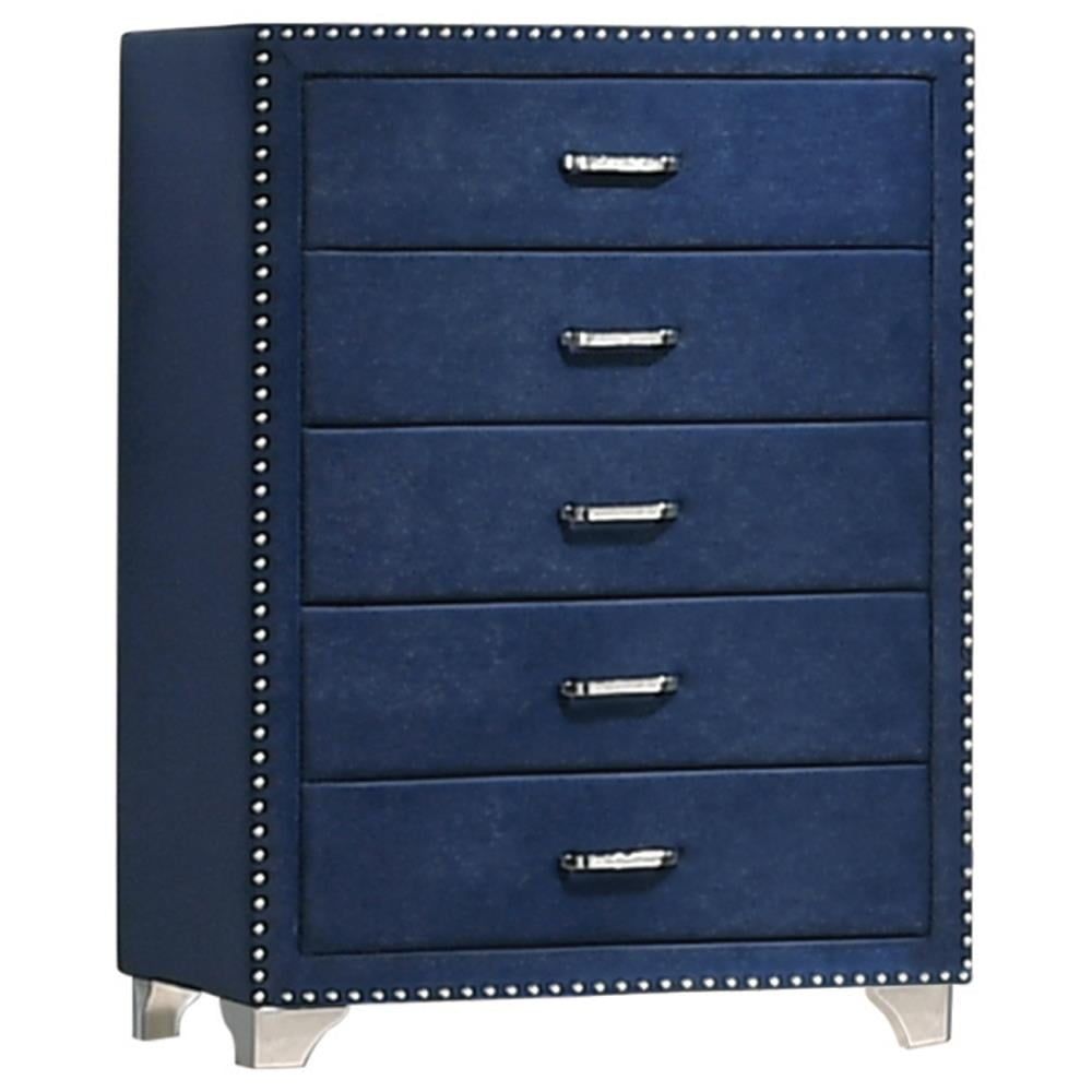 Pacific Blue Velvet Upholstered 5-Drawer Chest with Nailhead Trim