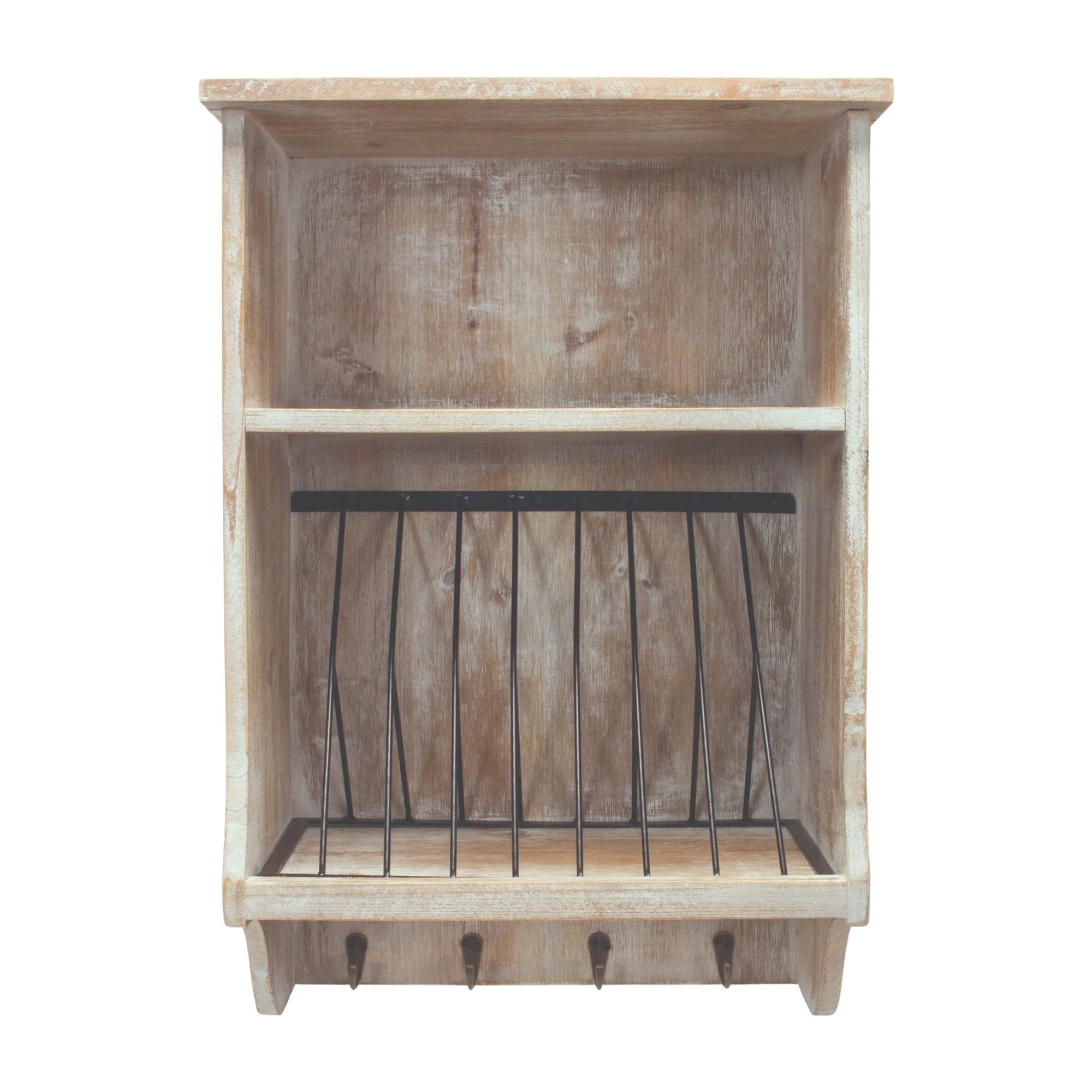 Rustic Brown Wood Wall Organizer with Metal Hooks