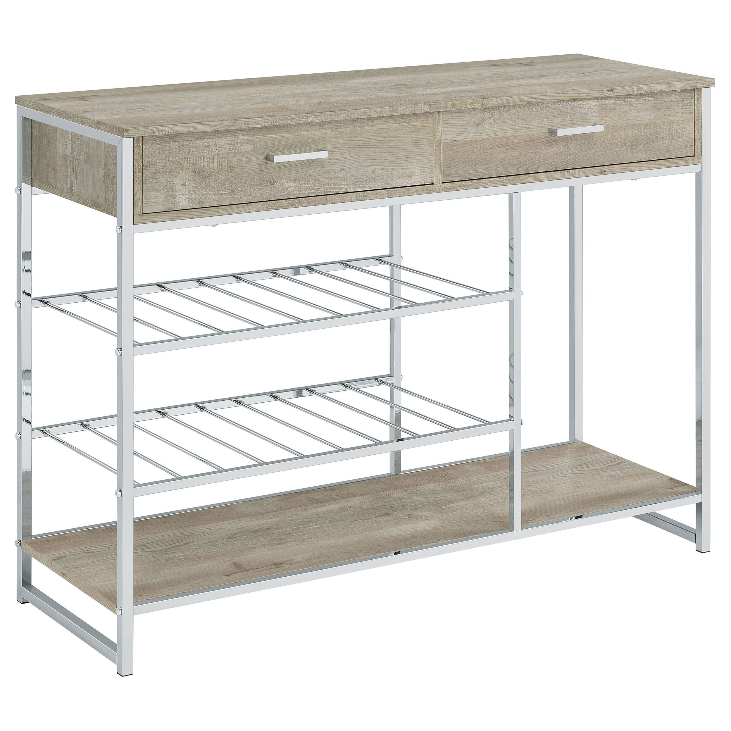 Gray Washed Oak and Chrome Bar Cabinet with Shelves