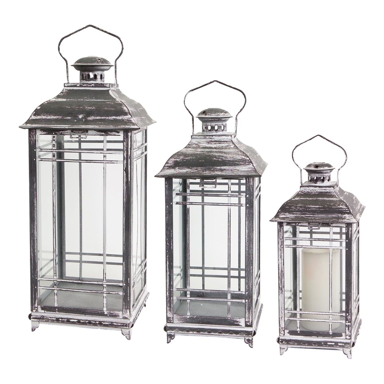 Mission White and Graphite Grey Metal & Glass Candle Lanterns - Set of 3