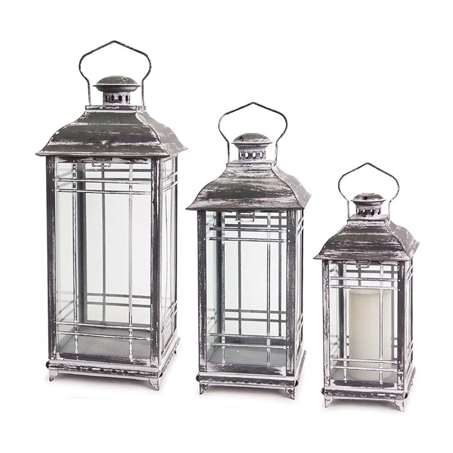 Mission White and Graphite Grey Metal & Glass Candle Lanterns - Set of 3