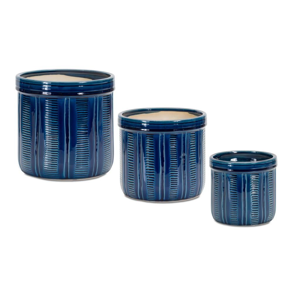 Set of 3 Blue Ribbed Terracotta Planters