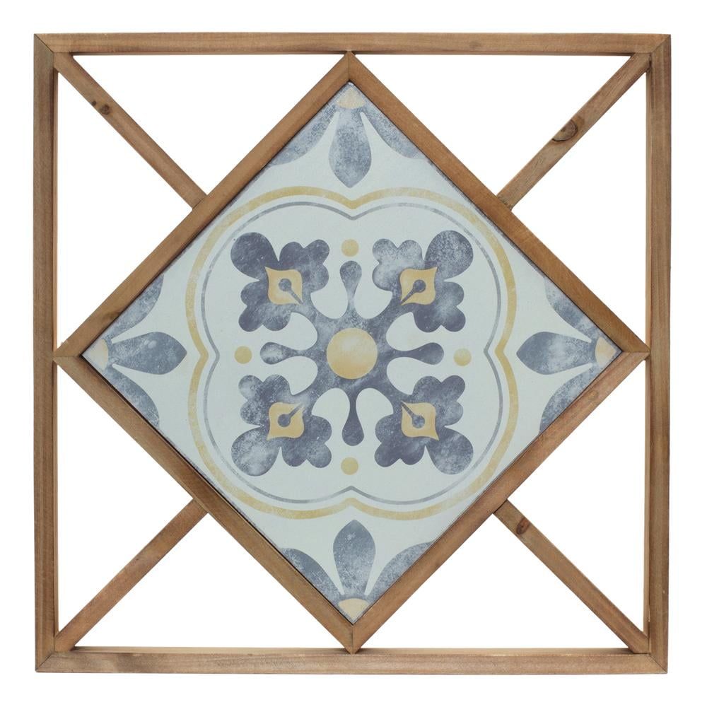 14.25" Brown and Blue MDF Metal Ornamental Wall Tiles, Set of 2