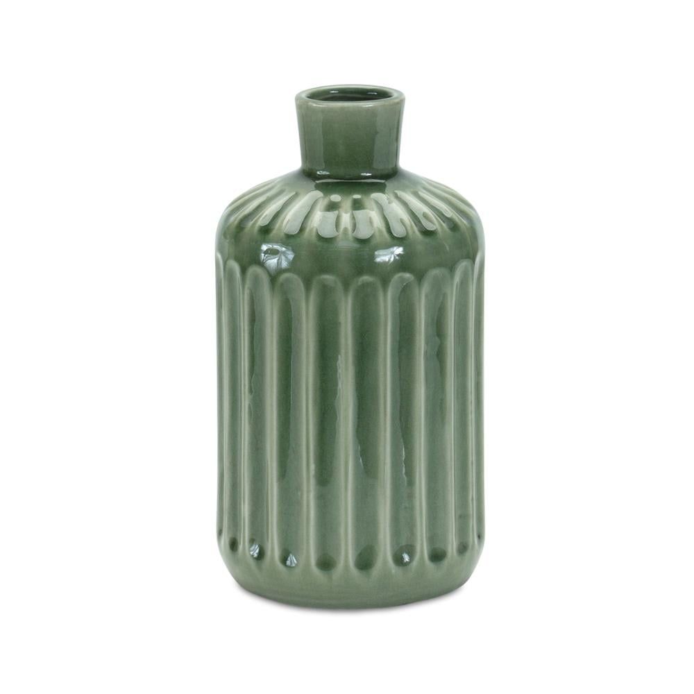 Melrose Green Ribbed Ceramic Decorative Vase 9.5"H