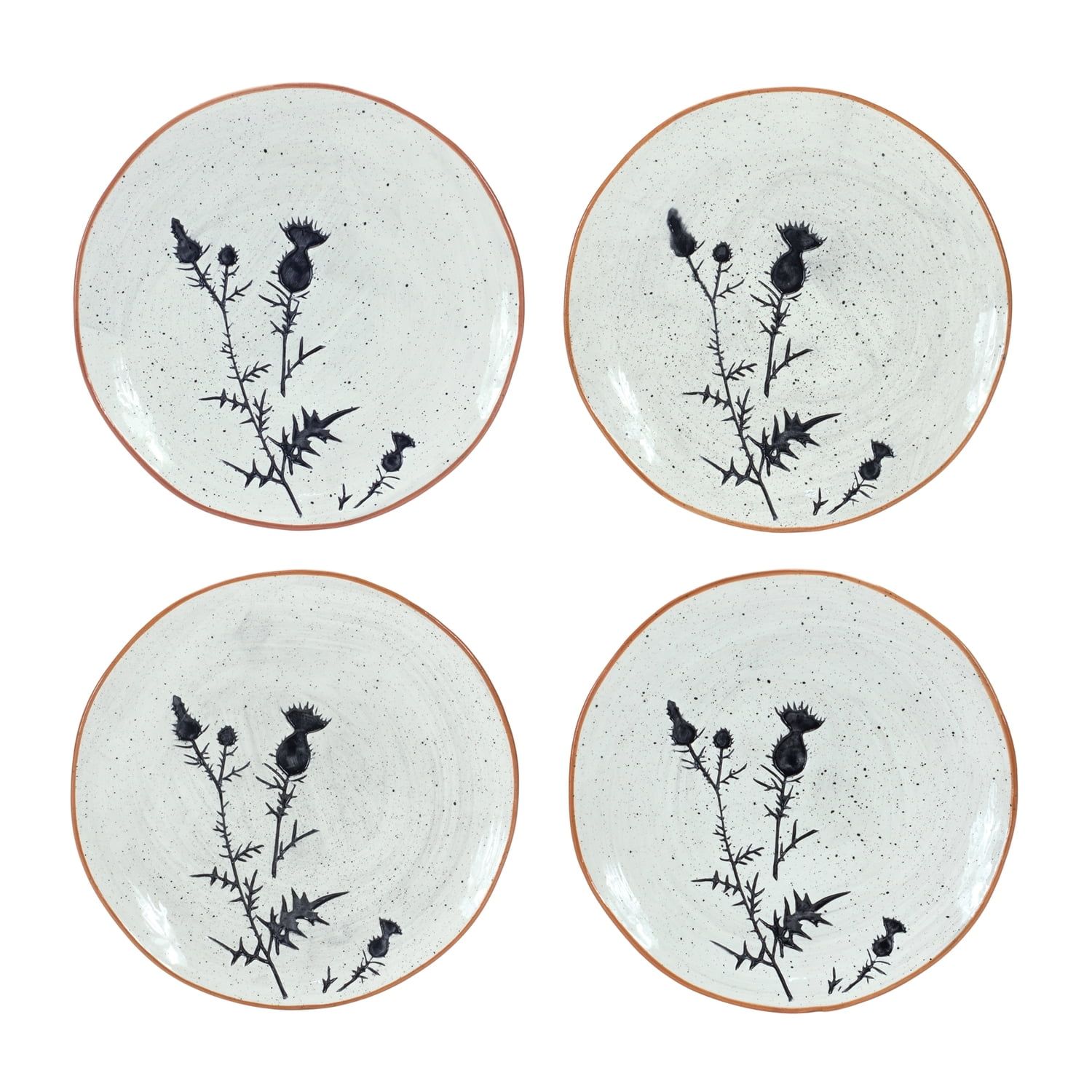 Rustic Black and White Ceramic Thistle Plates, Set of 4