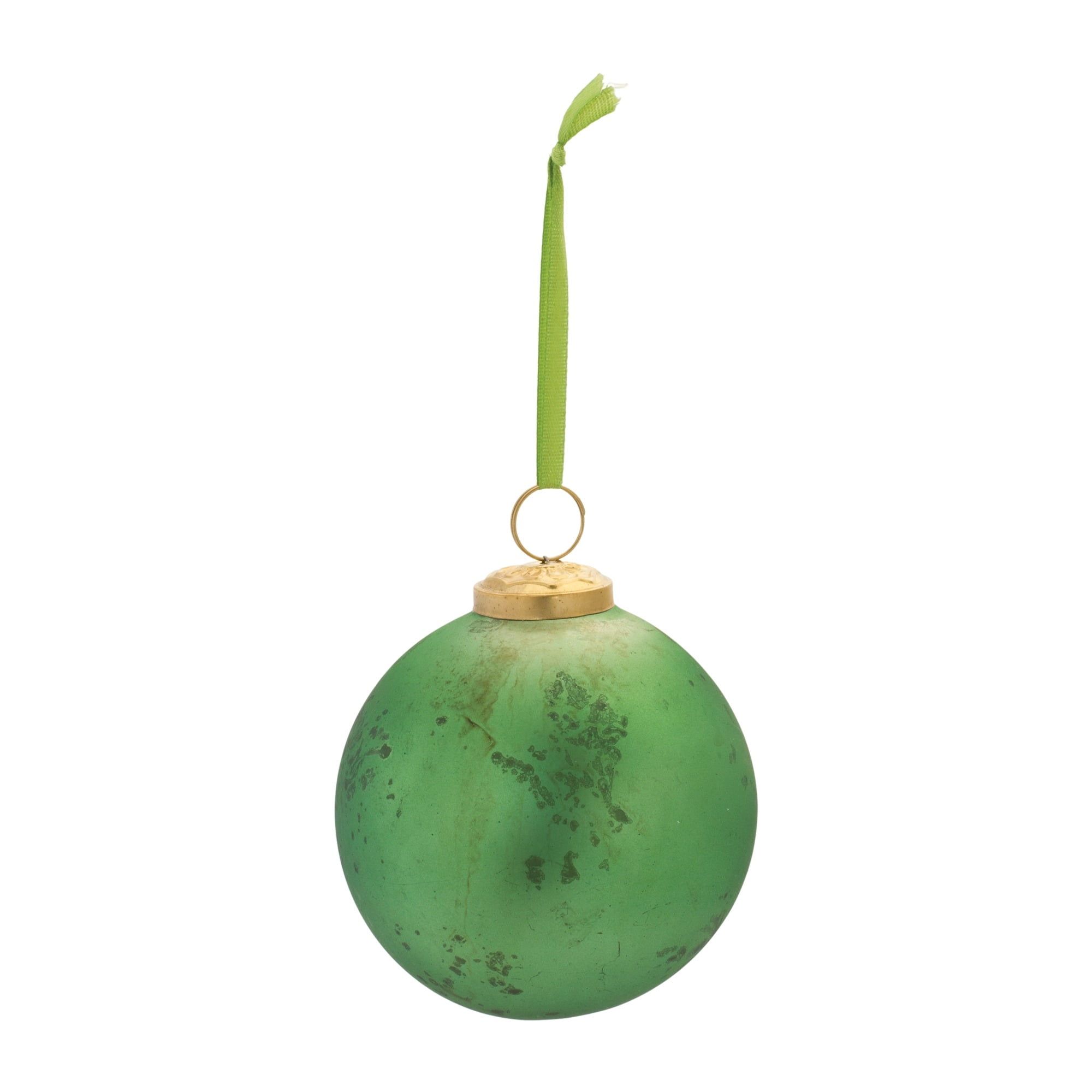 Distressed Green Glass Ball Ornament Set with Gold Caps