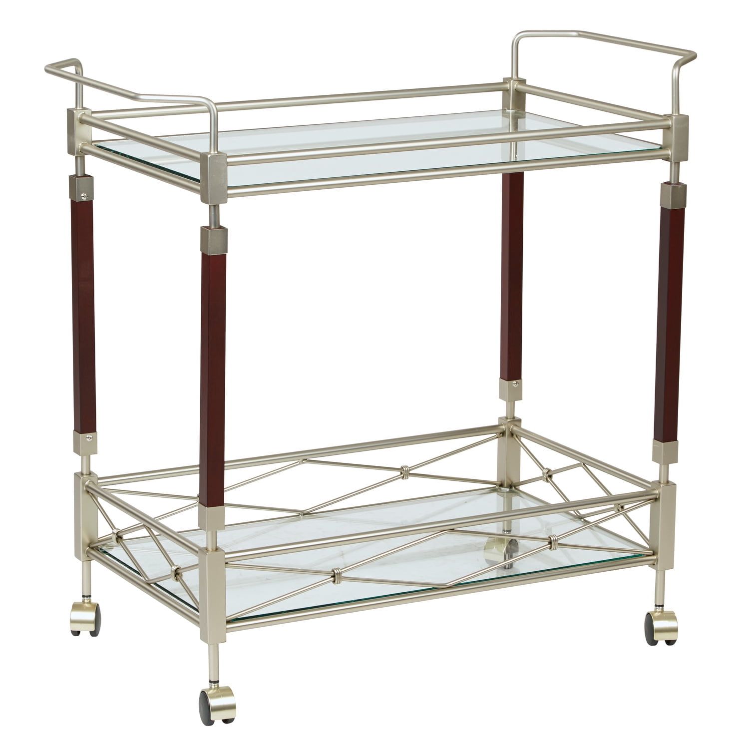 Walnut and Nickel Brush Metal Frame Serving Cart with Glass Shelves