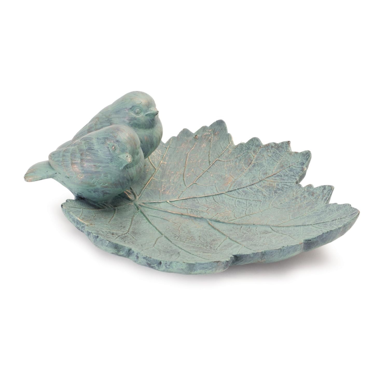 Blue Resin Leaf with Perched Birds Figurine, 10-inch