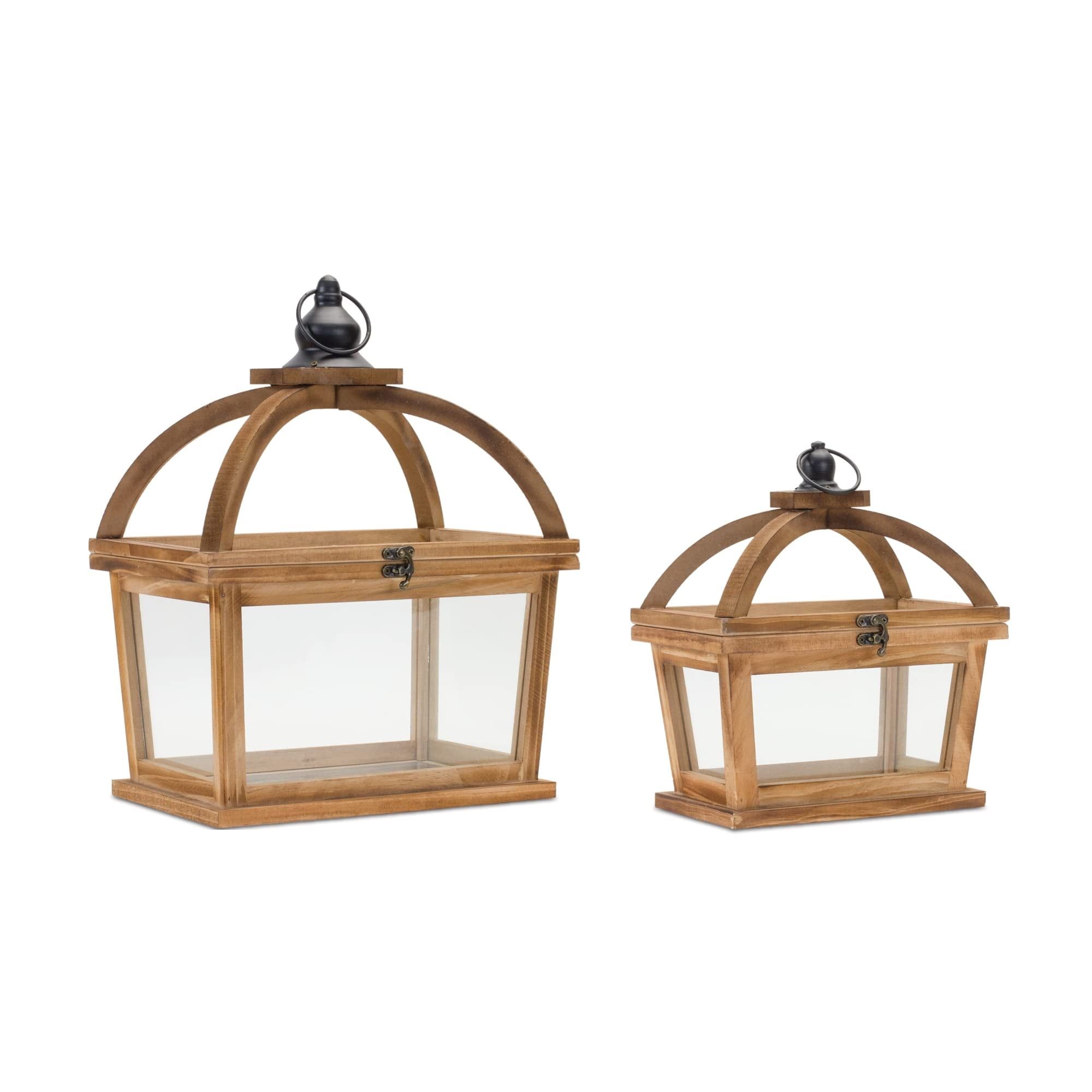 Natural Wood and Glass Tapered Candle Lantern Set