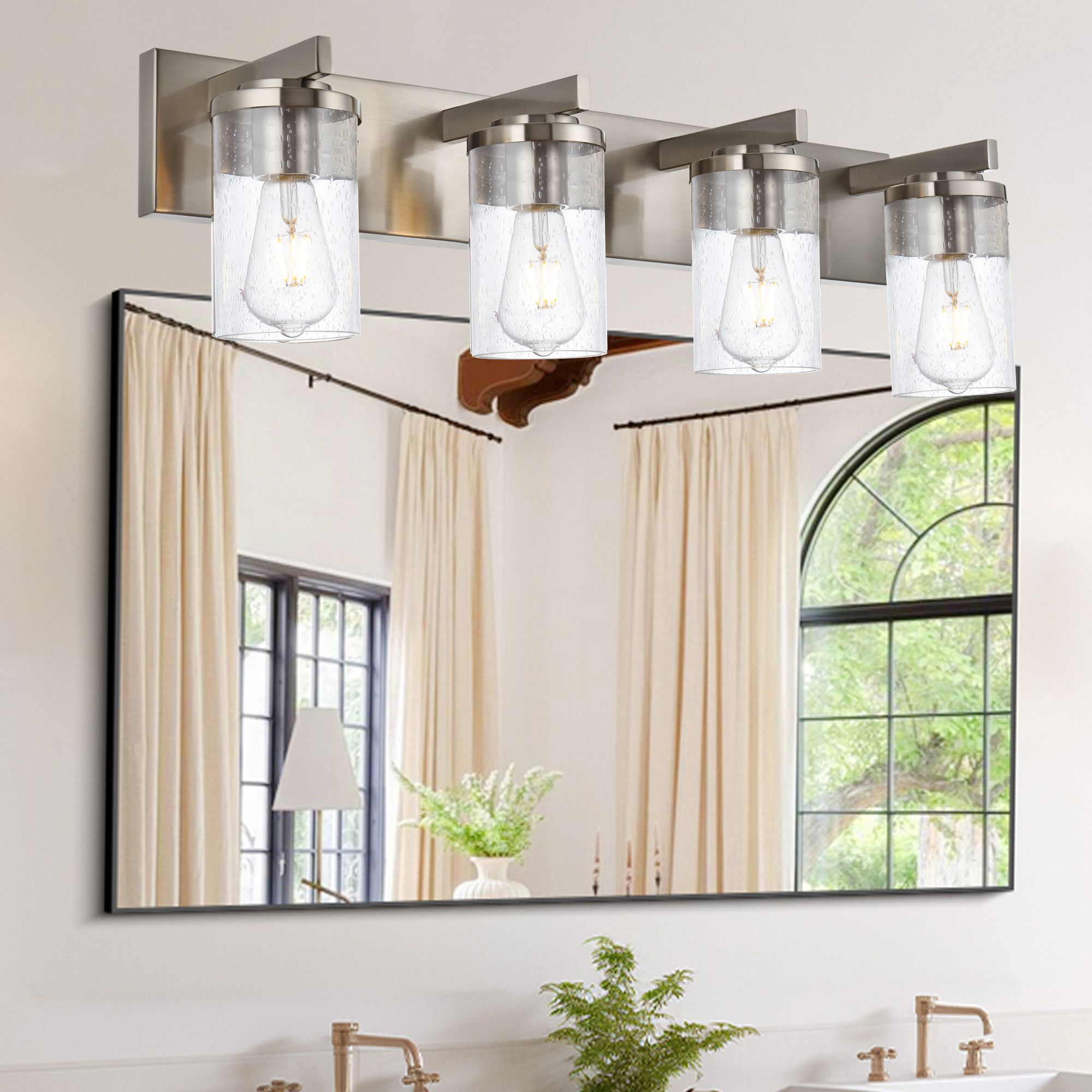 Brushed Nickel Vanity Light with Seeded Glass Shades