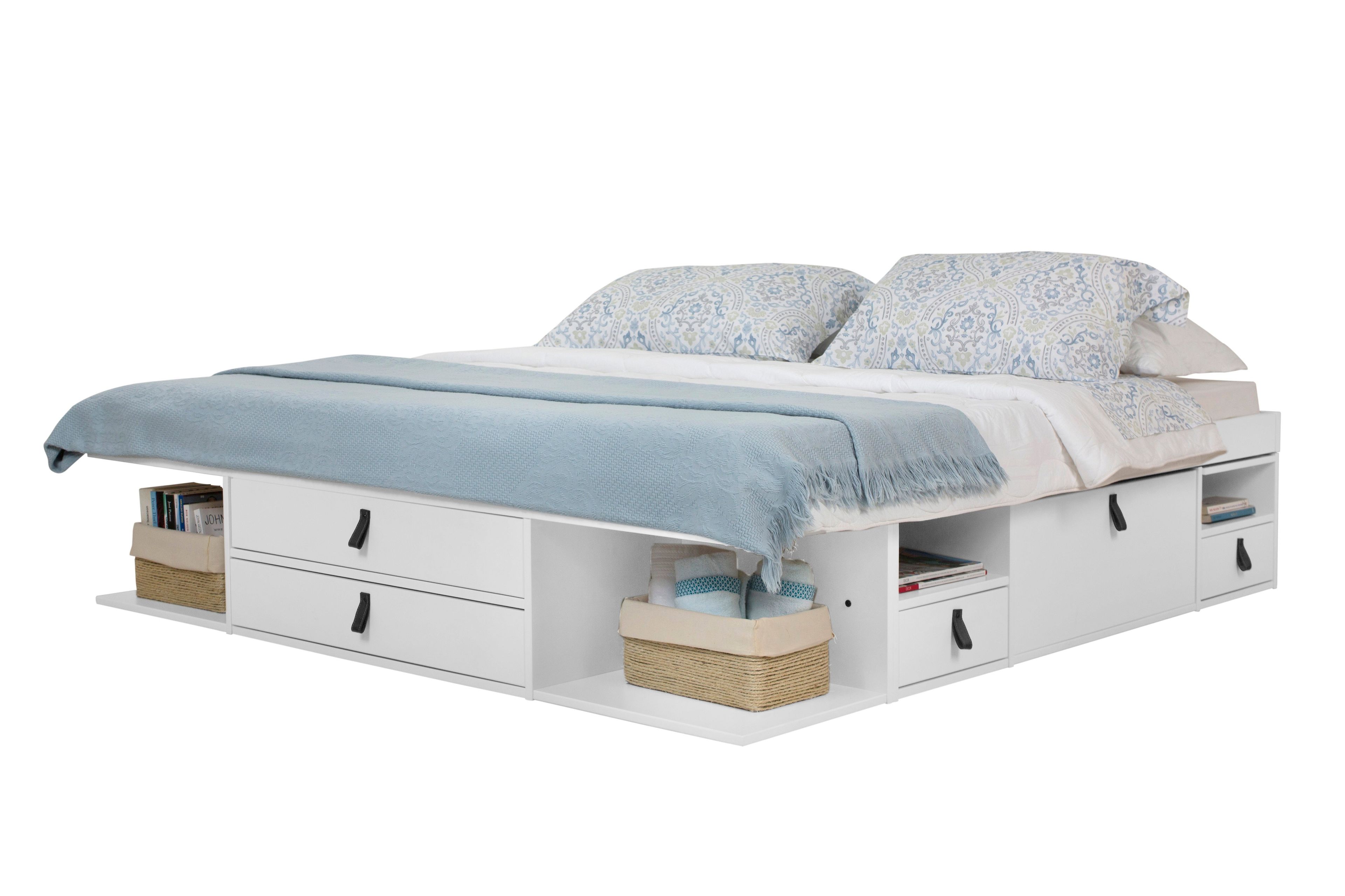 White Queen Upholstered Oak Platform Bed with Storage Drawers