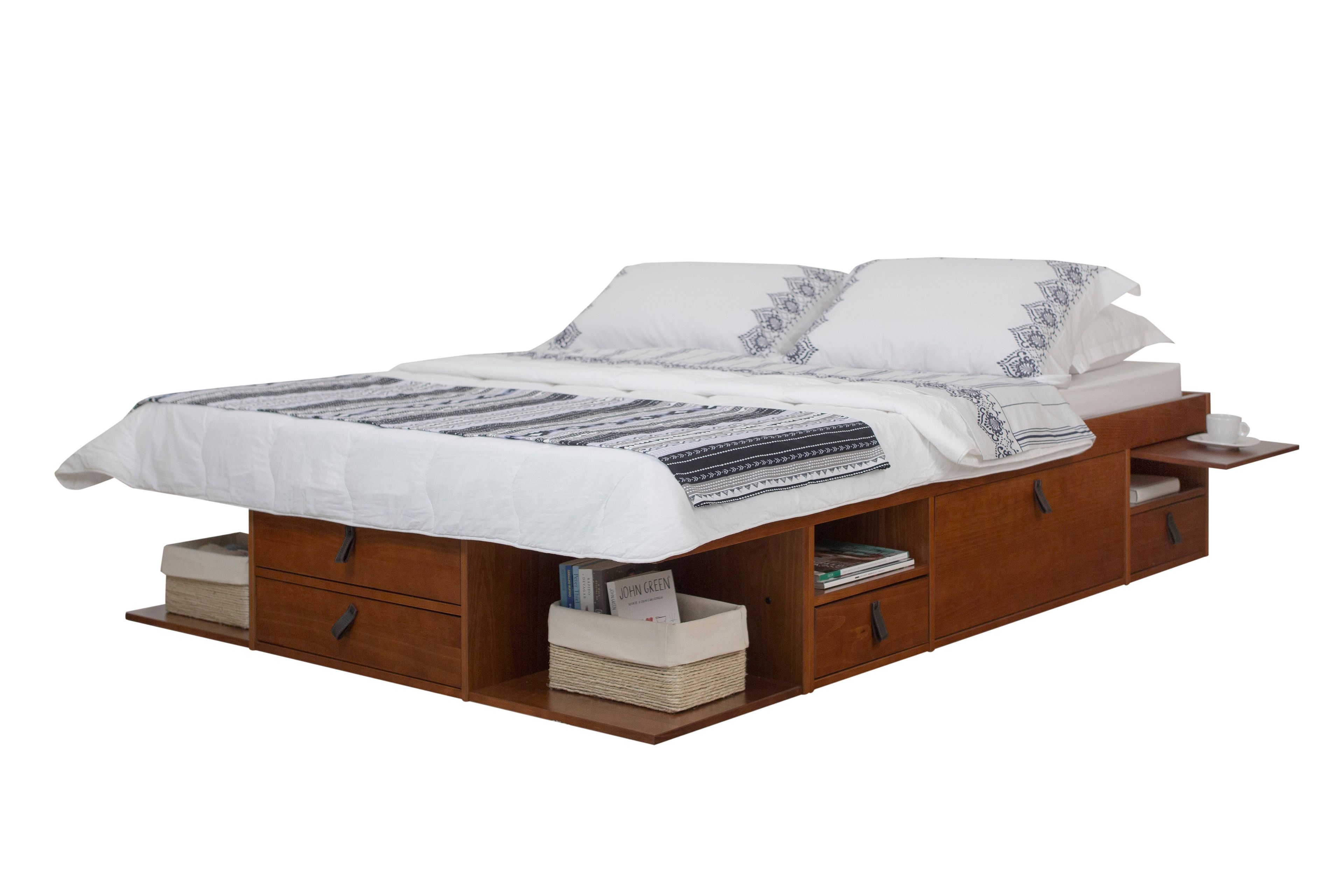 Queen Caramel Pine Wood Platform Bed with Storage Drawers