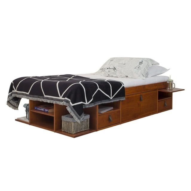 Twin Caramel Wood Platform Bed Frame with Storage Drawers