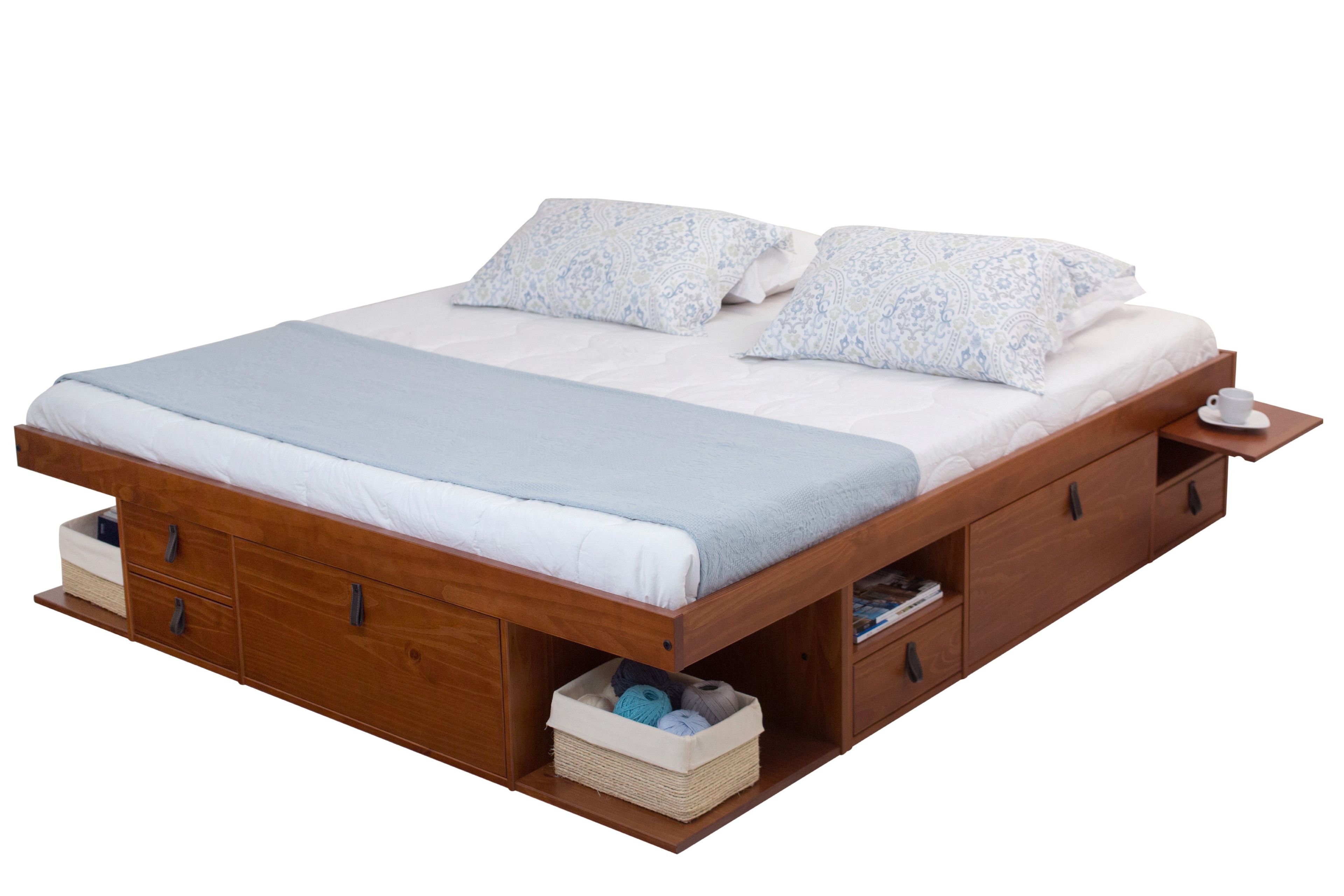 King Size Matte Varnished Wood Platform Bed with Storage Drawers