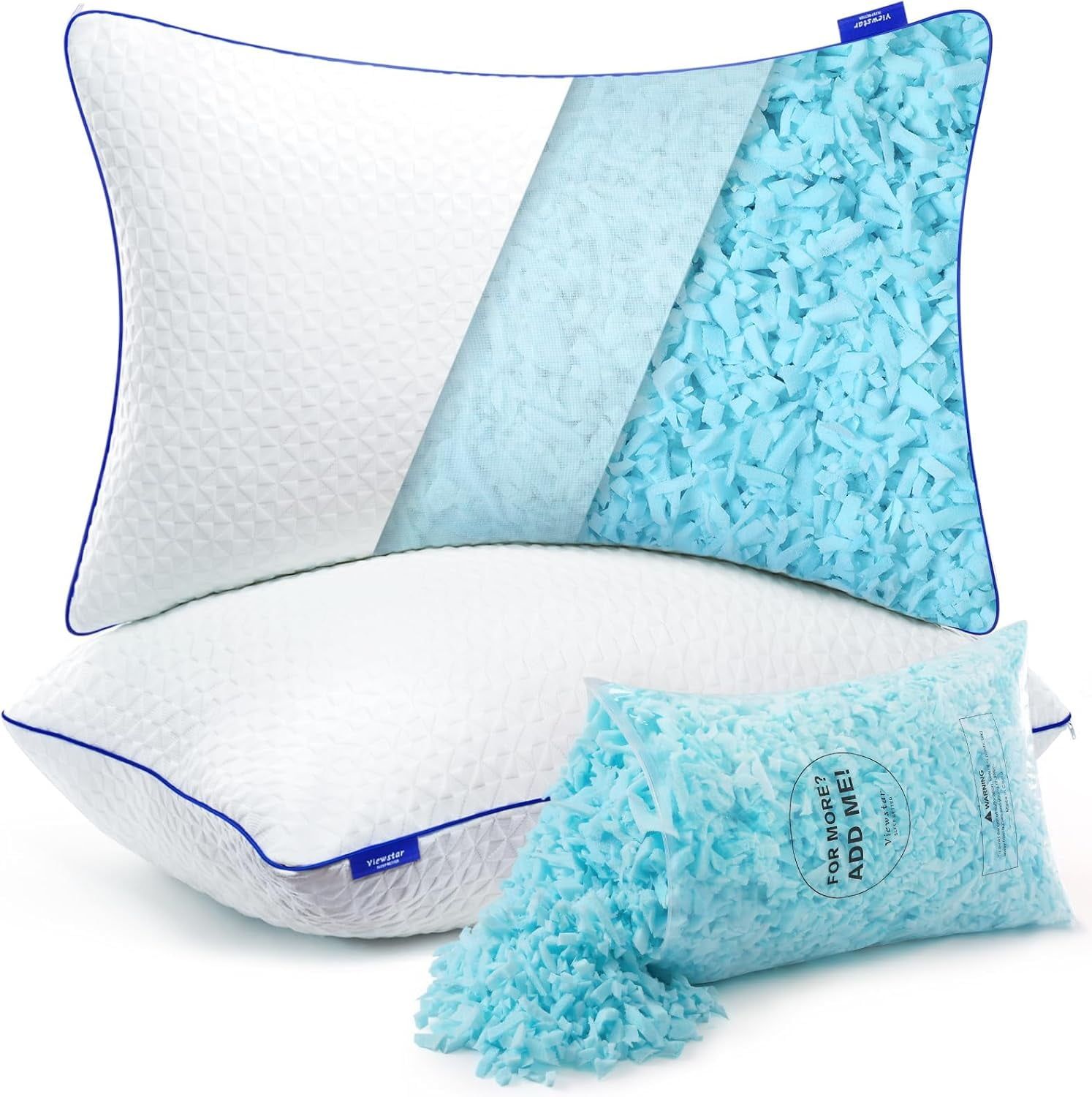 Queen Size White Gel Infused Shredded Memory Foam Bed Pillows