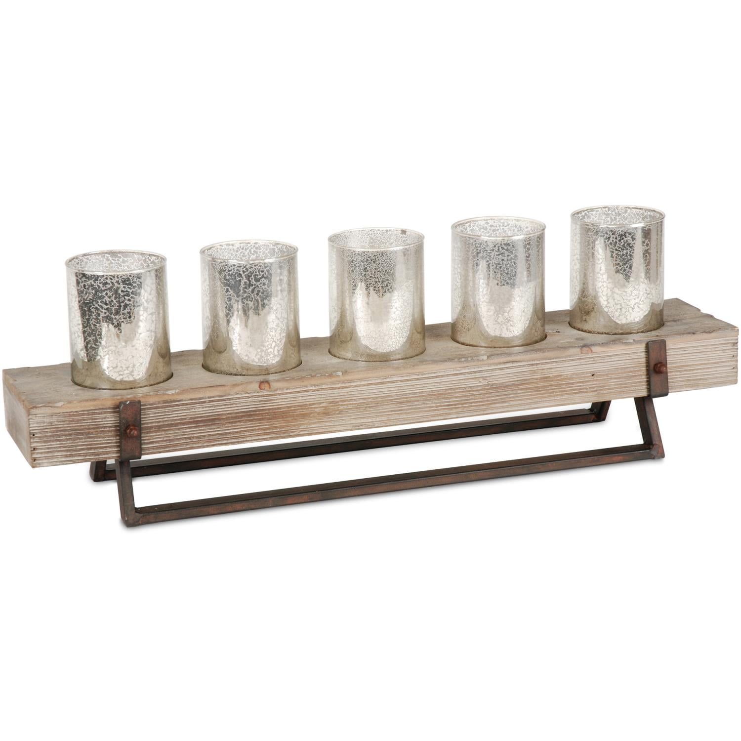 Rustic Wood and Metal Candle Holder with Mercury Glass Cups