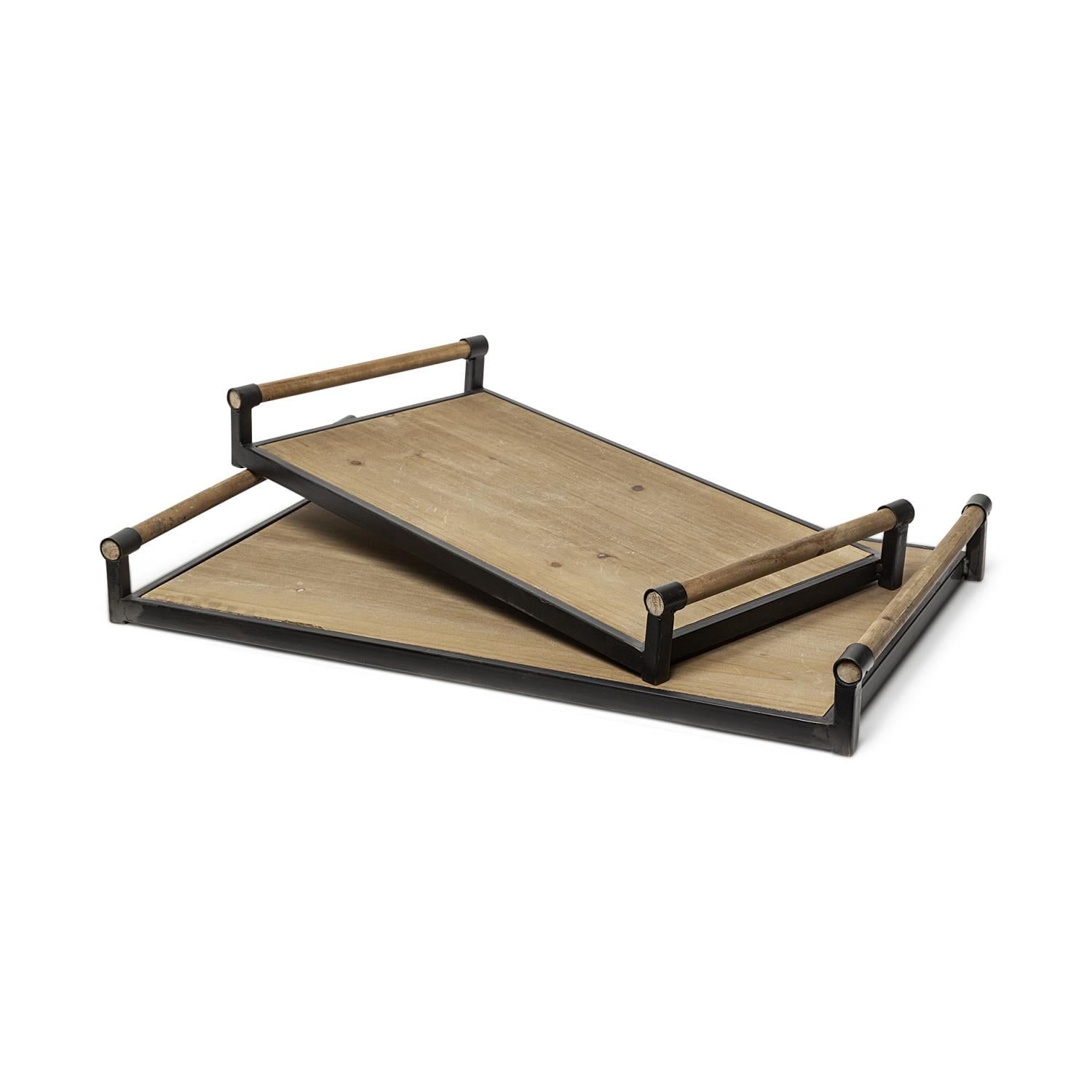 Benson Set of 2 Light Brown Wood and Black Metal Trays