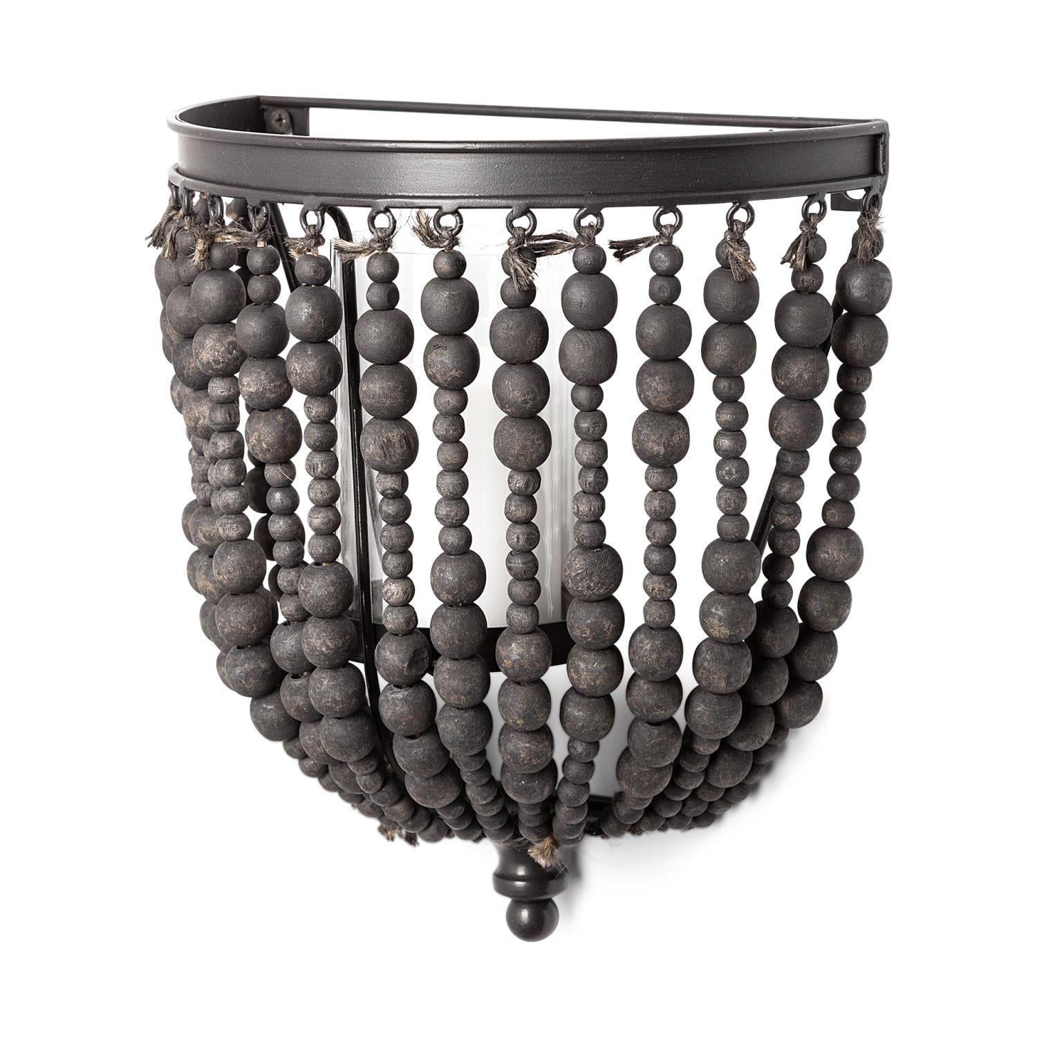 Liam II Distressed Black Metal & Wooden Bead Wall Candle Holder