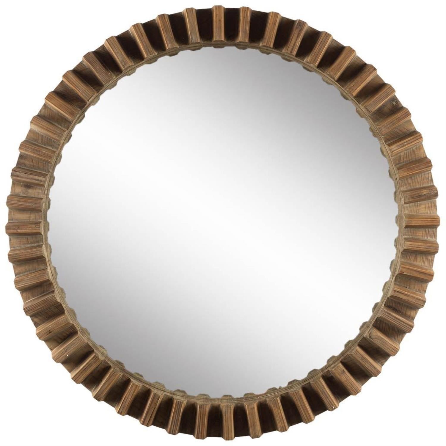 44-Inch Round Brown Pine Wood Industrial Wall Mirror